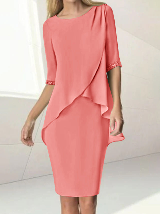 Knee-Length Beaded Sheath Dress with Ruching for the Mother of the Bride