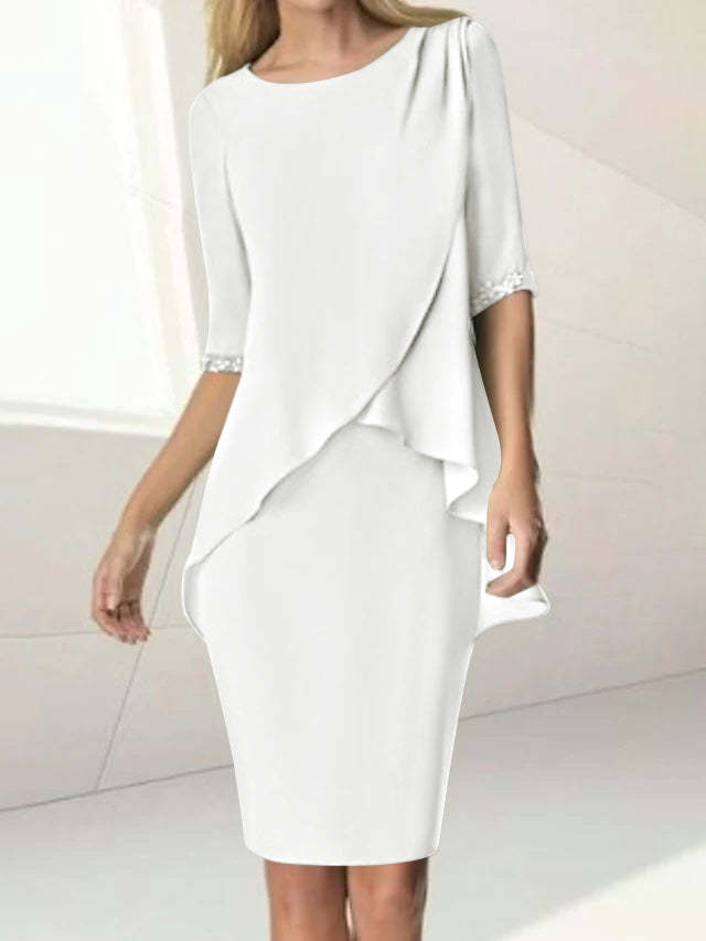 Knee-Length Beaded Sheath Dress with Ruching for the Mother of the Bride