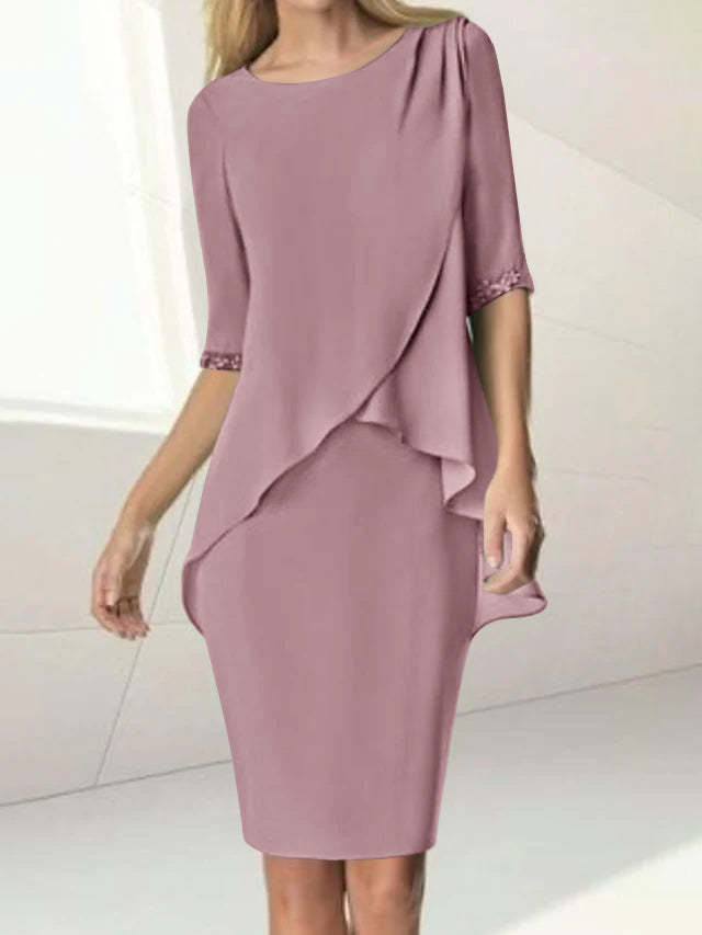 Knee-Length Beaded Sheath Dress with Ruching for the Mother of the Bride