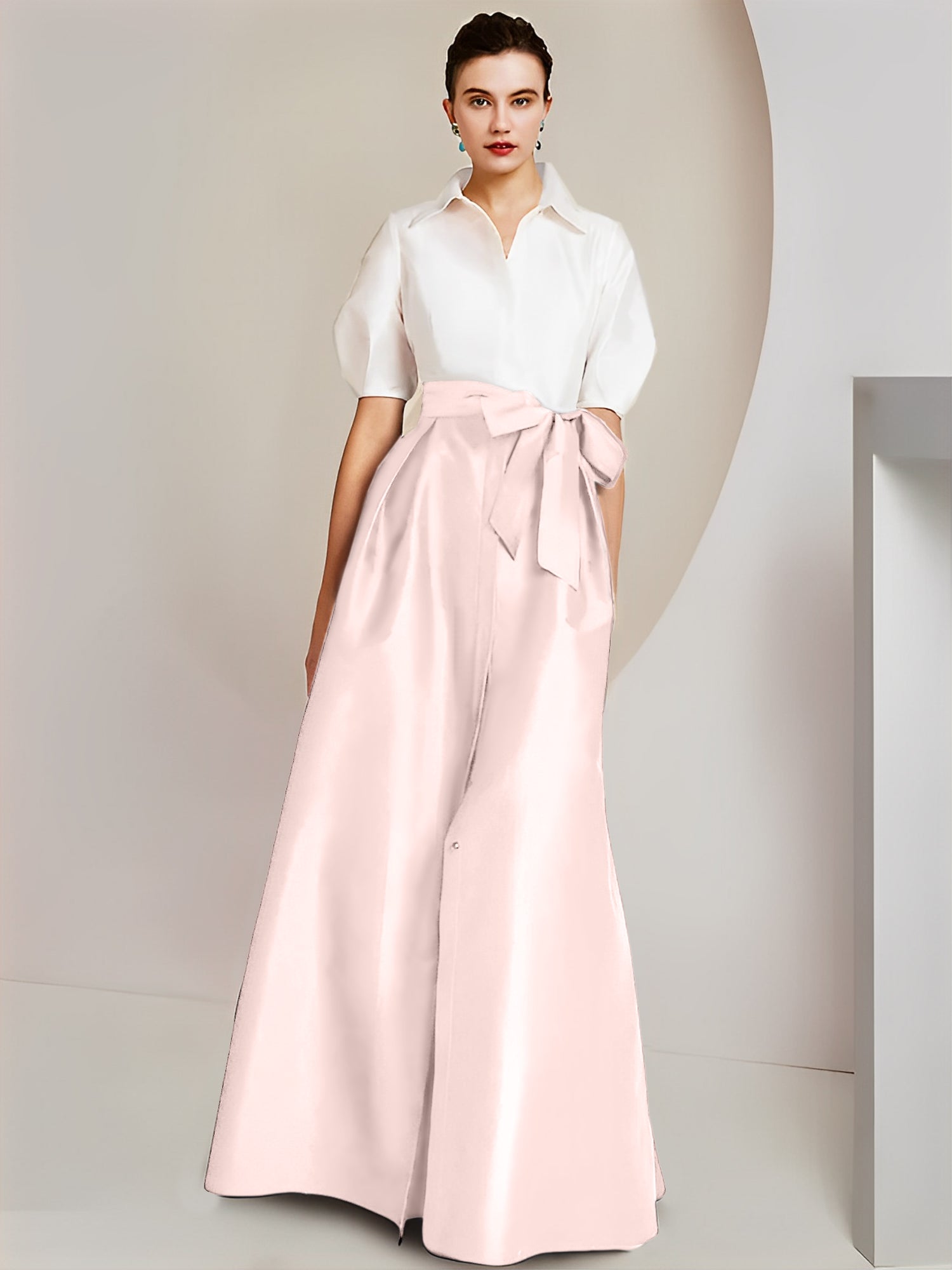 Princess A-Line Shirt Collar Floor-Length 2-Piece Mother of the Bride Dress with Bowknot Short Sleeves-BMbridal.UK
