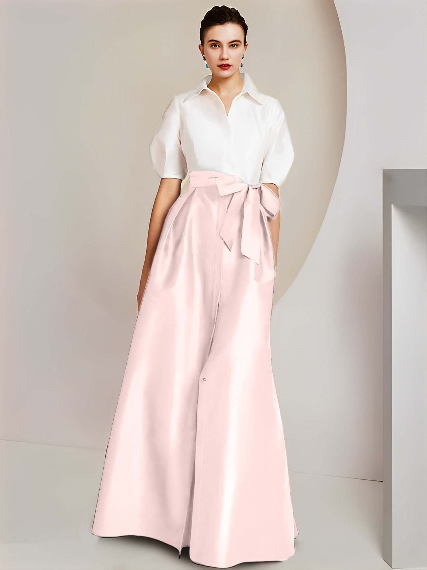 Princess A-Line Shirt Collar Floor-Length 2-Piece Mother of the Bride Dress with Bowknot Short Sleeves-BMbridal.UK