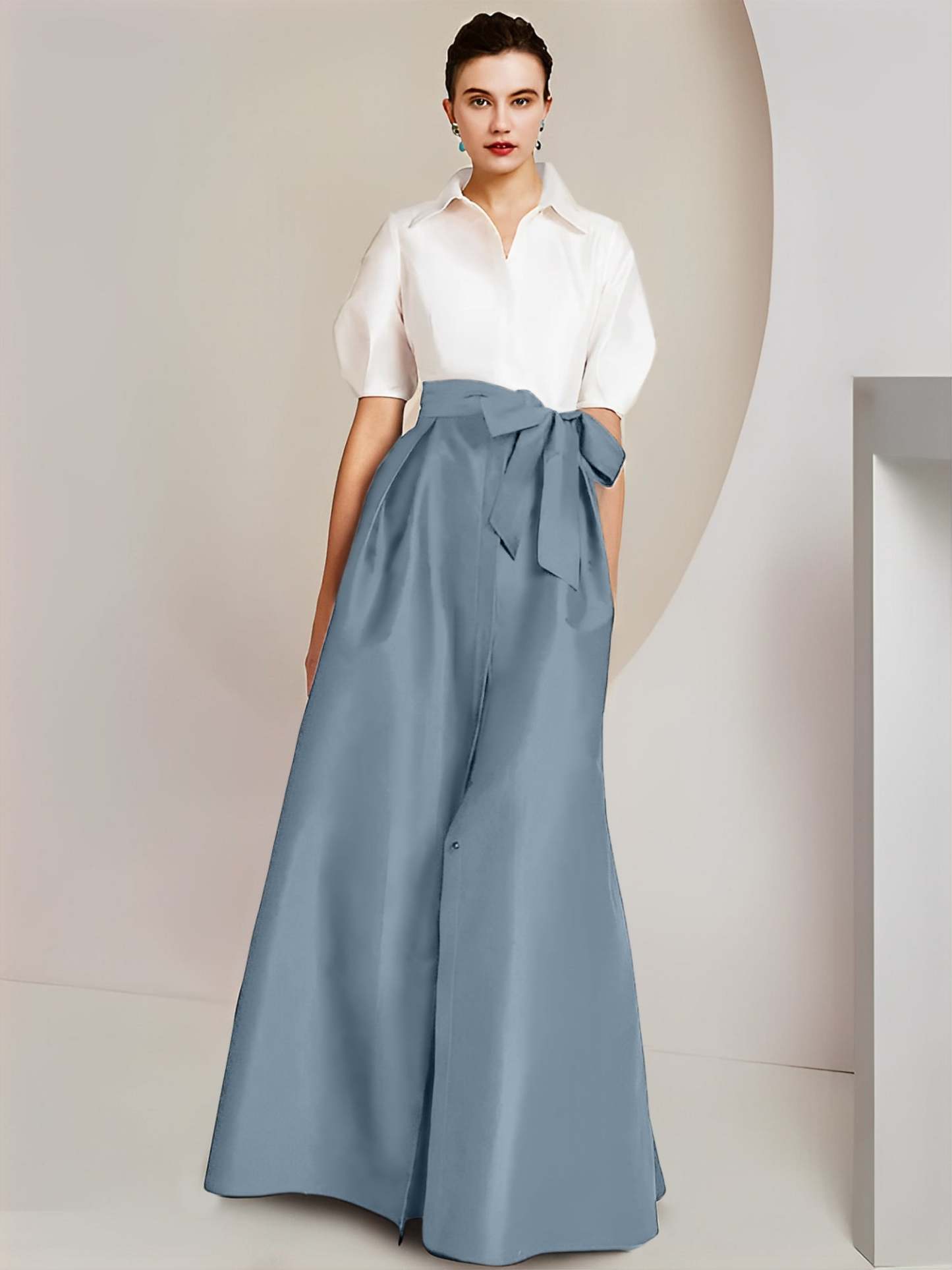Princess A-Line Shirt Collar Floor-Length 2-Piece Mother of the Bride Dress with Bowknot Short Sleeves-BMbridal.UK