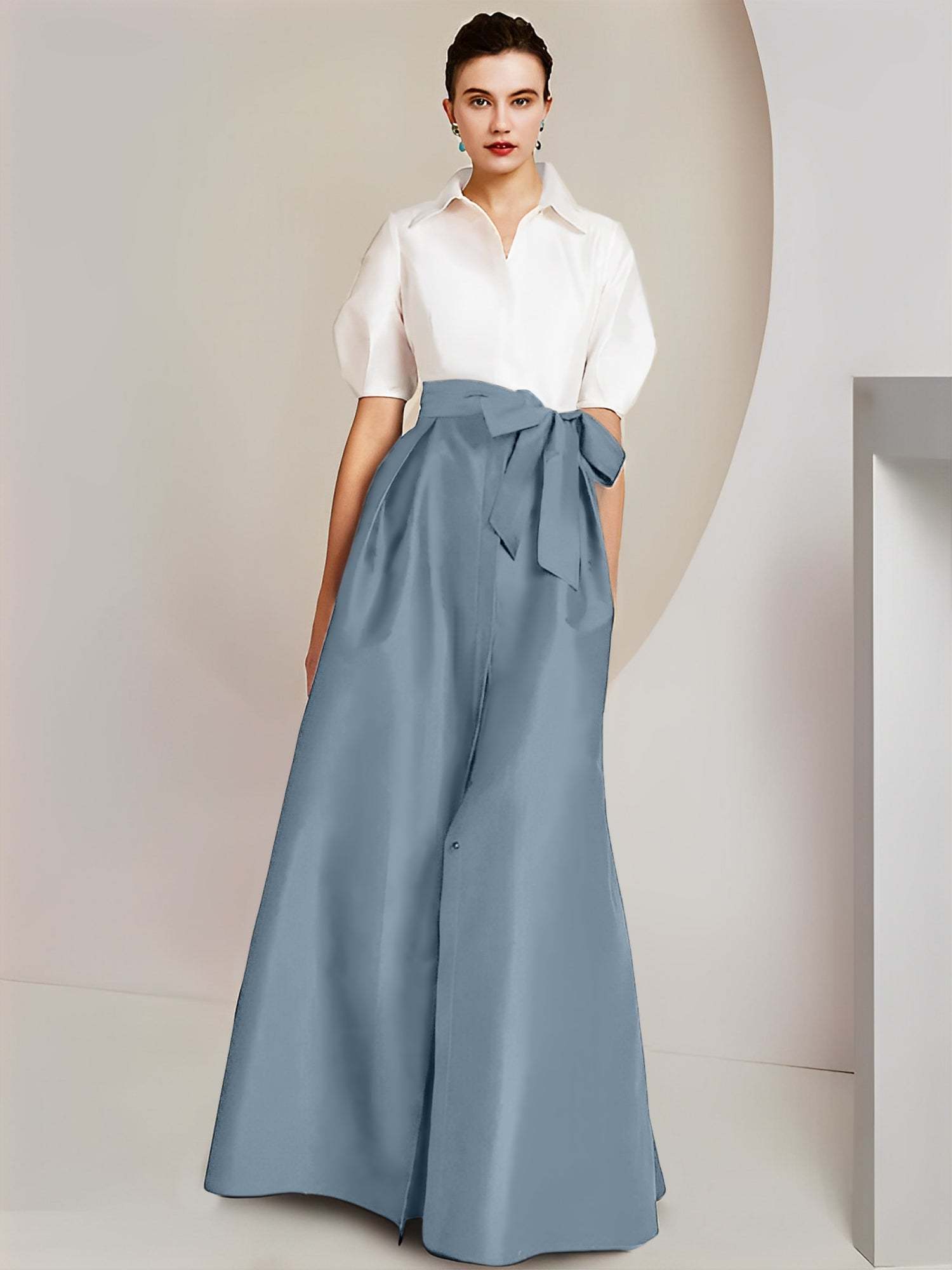 Princess A-Line Shirt Collar Floor-Length 2-Piece Mother of the Bride Dress with Bowknot Short Sleeves-BMbridal.UK