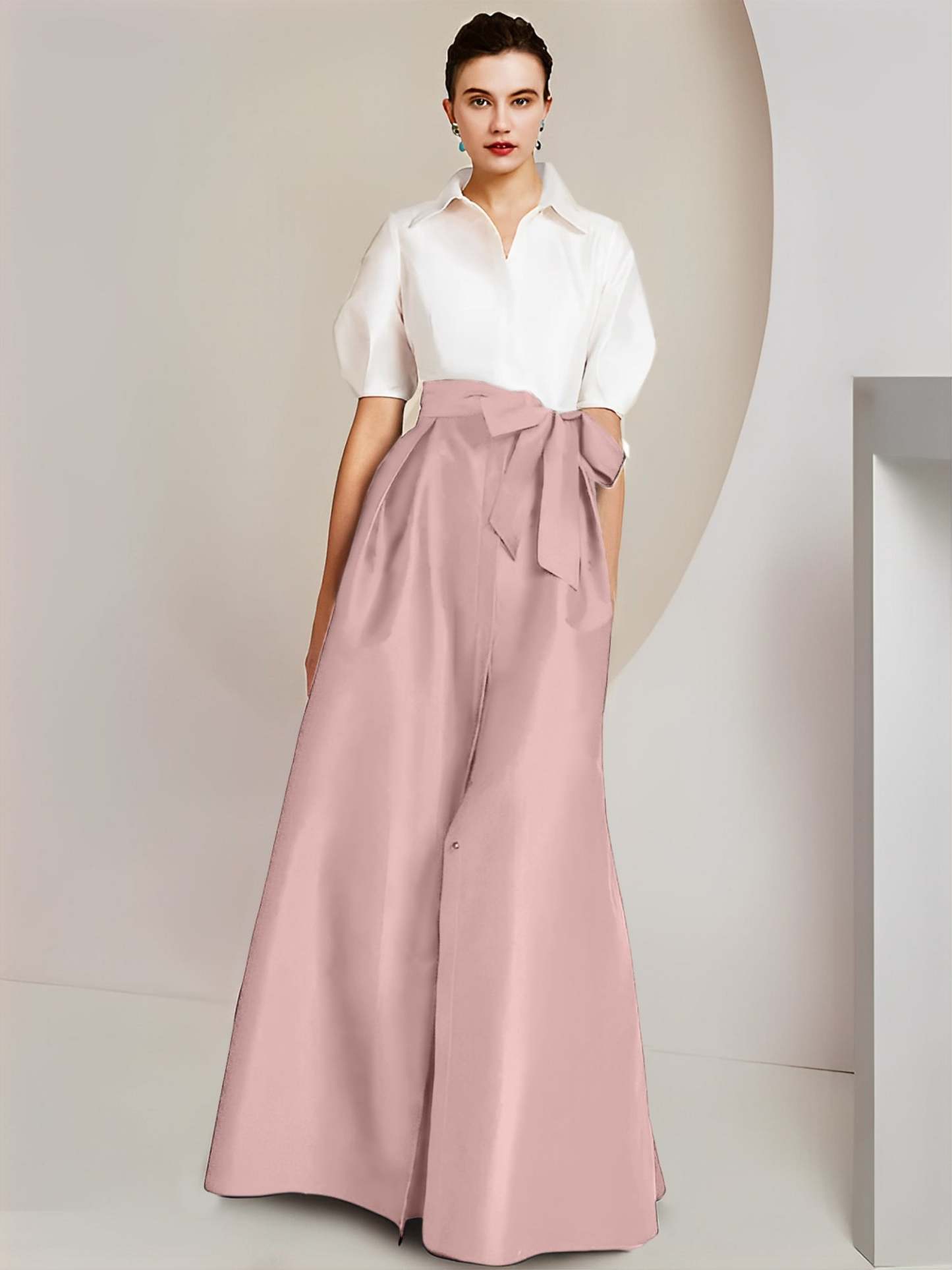 Princess A-Line Shirt Collar Floor-Length 2-Piece Mother of the Bride Dress with Bowknot Short Sleeves-BMbridal.UK