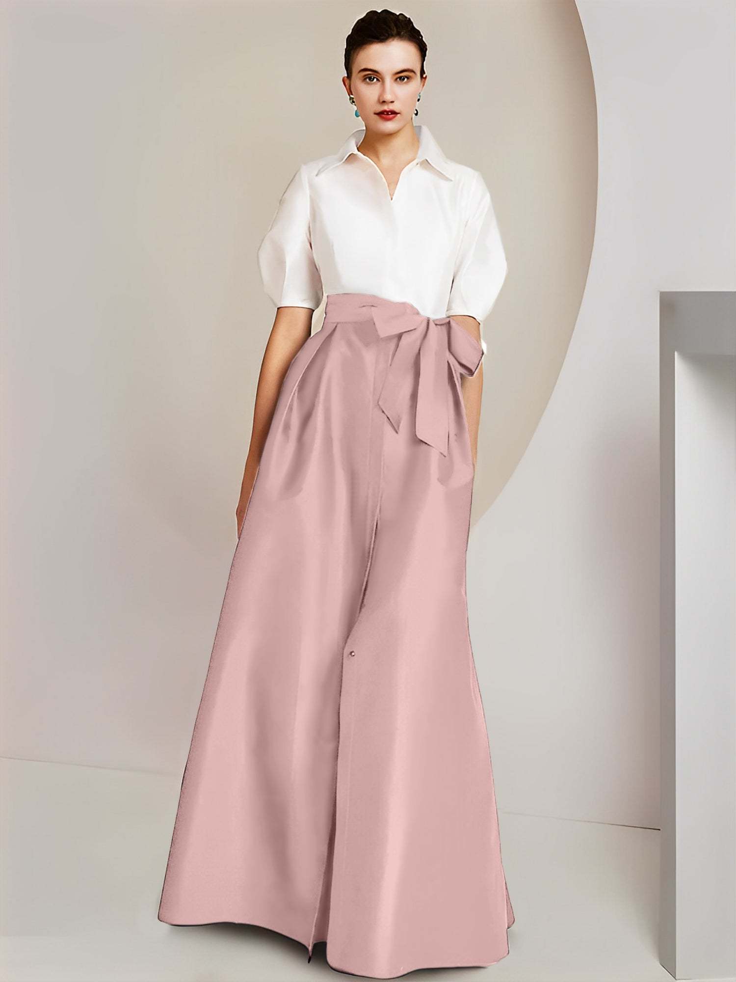 Princess A-Line Shirt Collar Floor-Length 2-Piece Mother of the Bride Dress with Bowknot Short Sleeves-BMbridal.UK