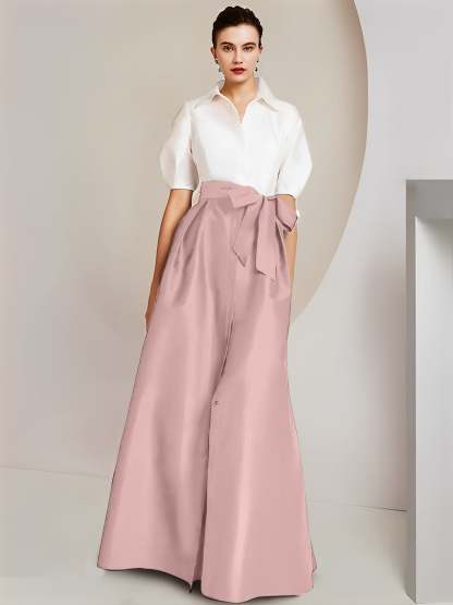 Princess A-Line Shirt Collar Floor-Length 2-Piece Mother of the Bride Dress with Bowknot Short Sleeves-BMbridal.UK