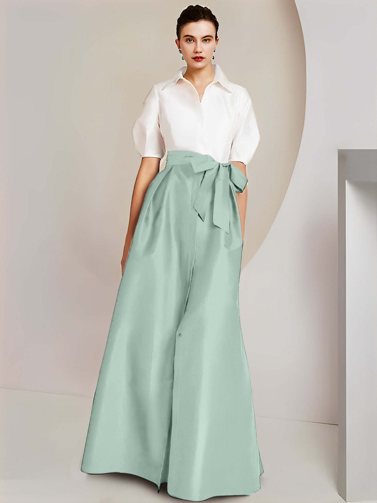Princess A-Line Shirt Collar Floor-Length 2-Piece Mother of the Bride Dress with Bowknot Short Sleeves-BMbridal.UK
