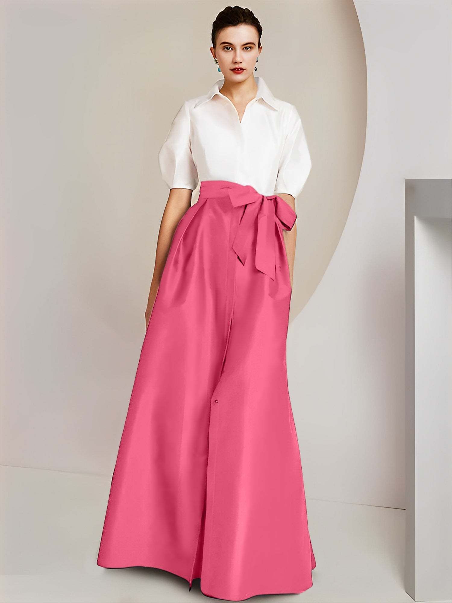 Princess A-Line Shirt Collar Floor-Length 2-Piece Mother of the Bride Dress with Bowknot Short Sleeves-BMbridal.UK