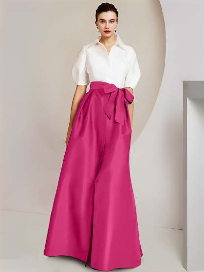 Princess A-Line Shirt Collar Floor-Length 2-Piece Mother of the Bride Dress with Bowknot Short Sleeves-BMbridal.UK
