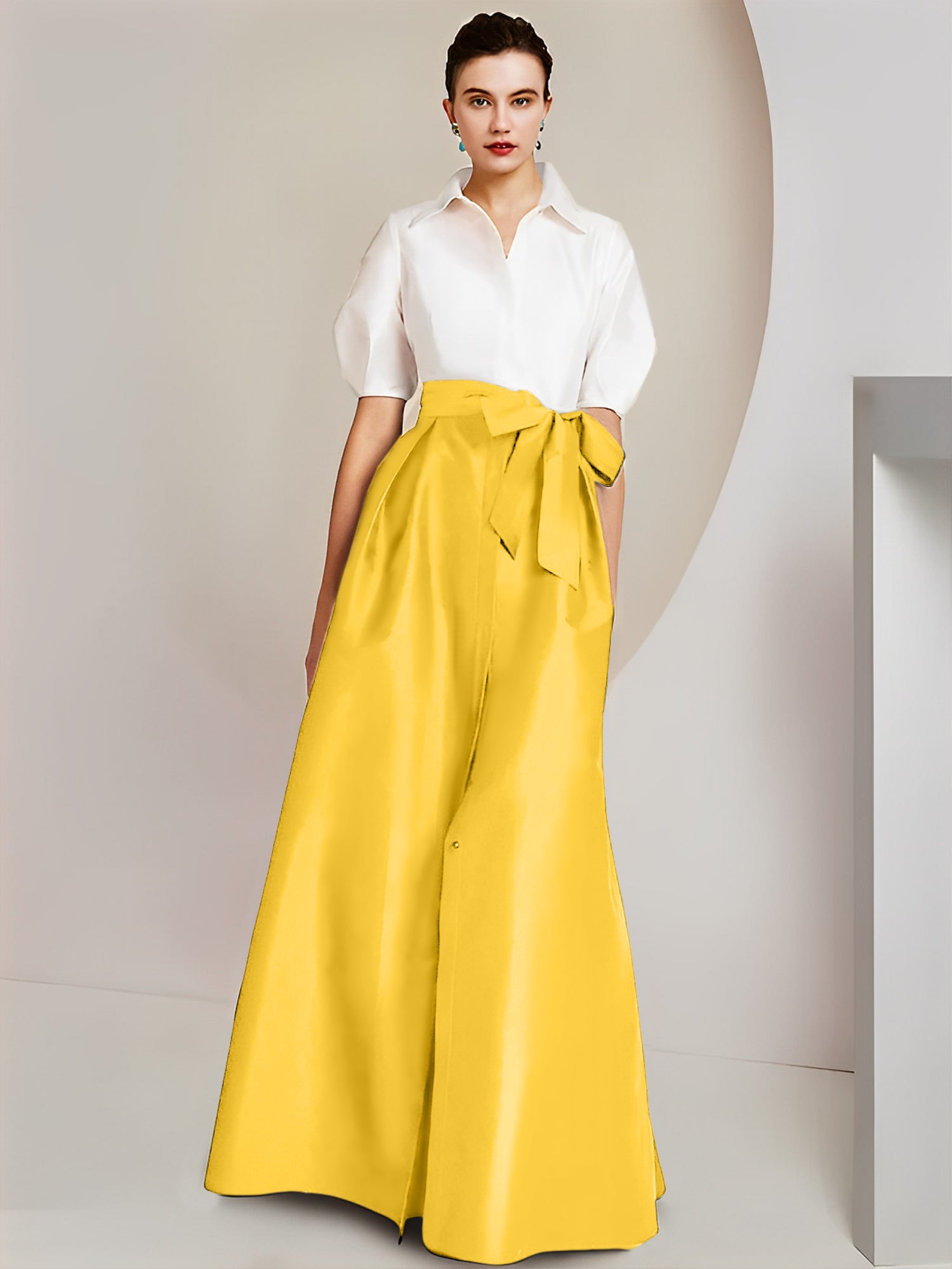 Princess A-Line Shirt Collar Floor-Length 2-Piece Mother of the Bride Dress with Bowknot Short Sleeves-BMbridal.UK