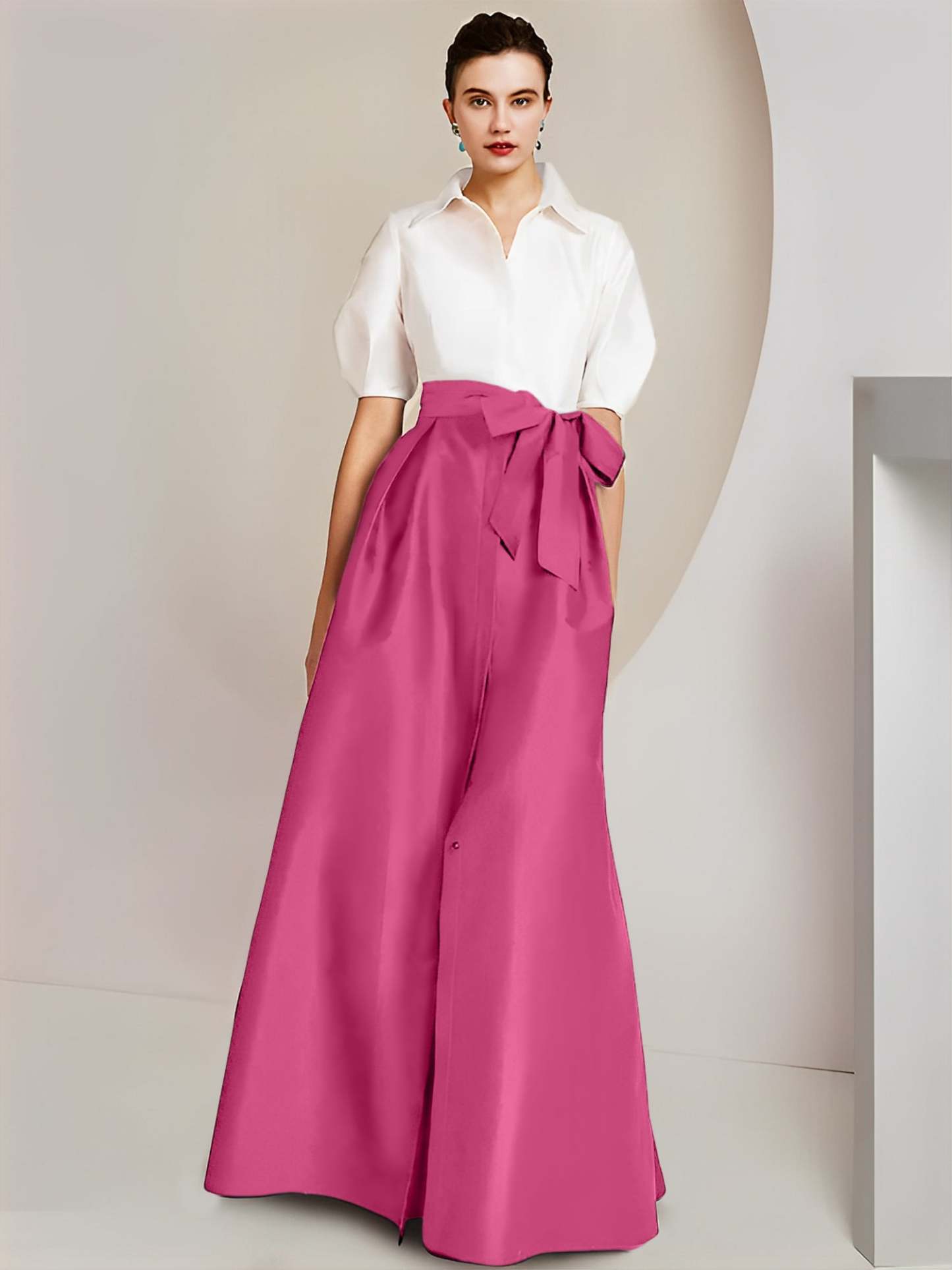Princess A-Line Shirt Collar Floor-Length 2-Piece Mother of the Bride Dress with Bowknot Short Sleeves-BMbridal.UK