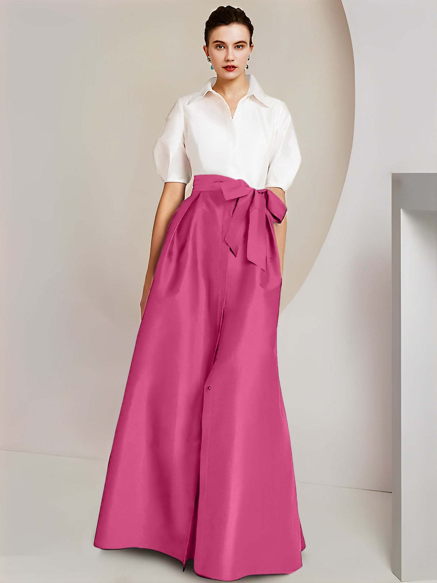 Princess A-Line Shirt Collar Floor-Length 2-Piece Mother of the Bride Dress with Bowknot Short Sleeves-BMbridal.UK