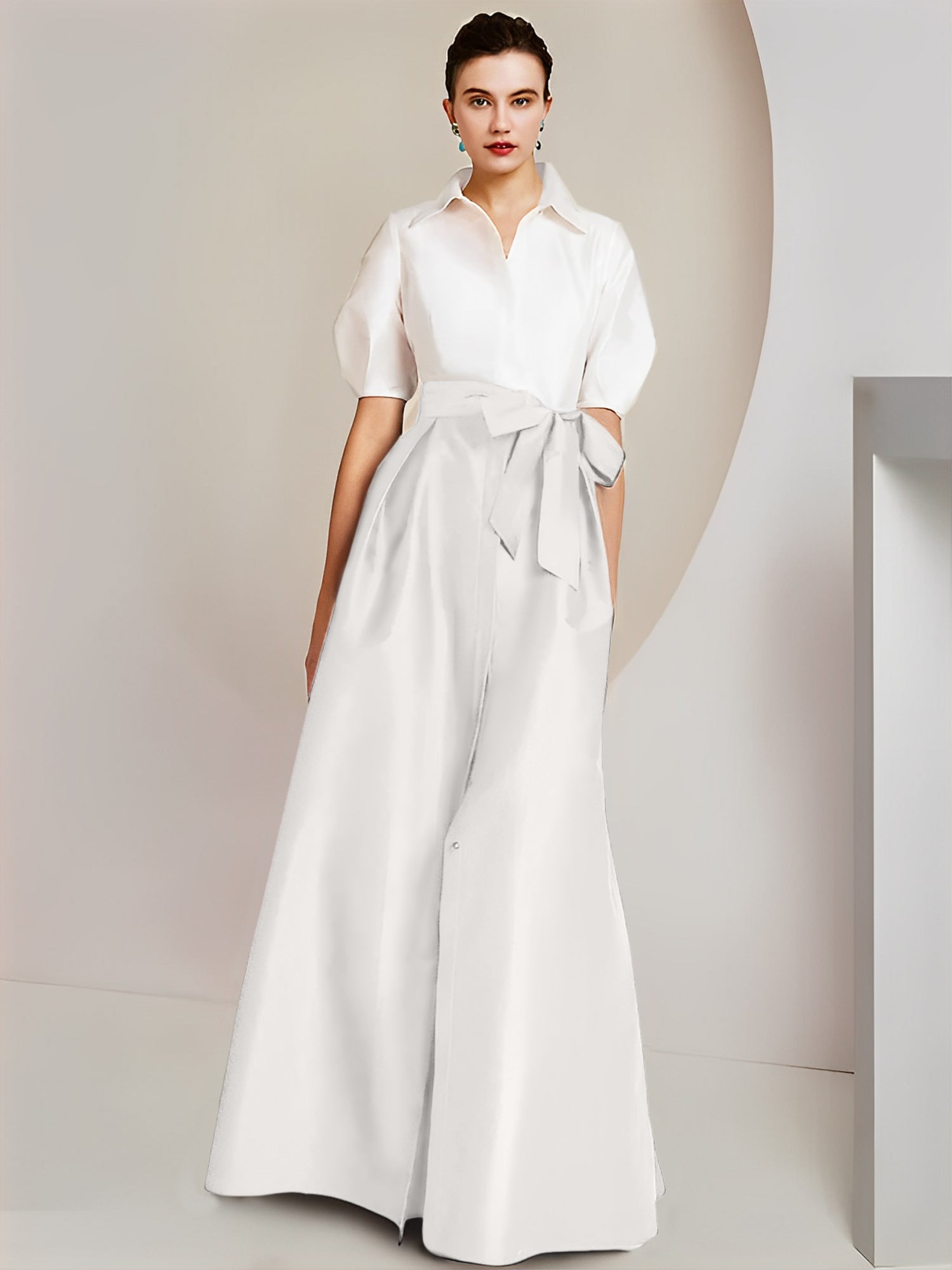 Princess A-Line Shirt Collar Floor-Length 2-Piece Mother of the Bride Dress with Bowknot Short Sleeves-BMbridal.UK