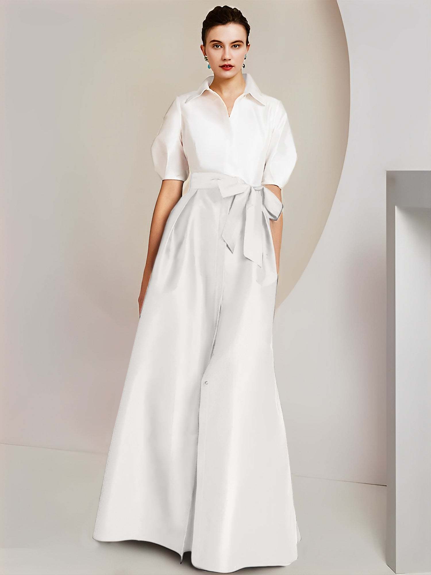 Princess A-Line Shirt Collar Floor-Length 2-Piece Mother of the Bride Dress with Bowknot Short Sleeves-BMbridal.UK