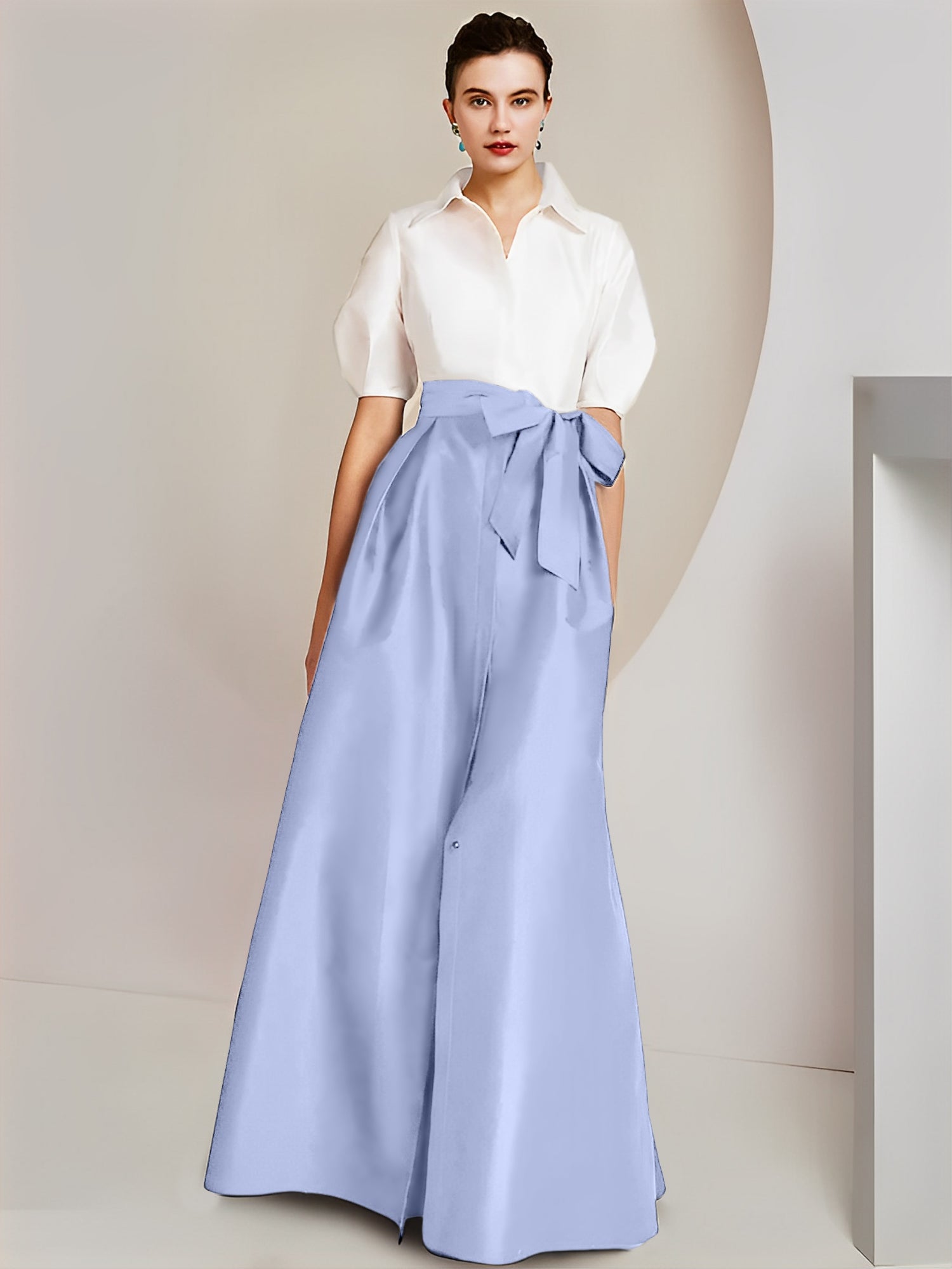 Princess A-Line Shirt Collar Floor-Length 2-Piece Mother of the Bride Dress with Bowknot Short Sleeves-BMbridal.UK