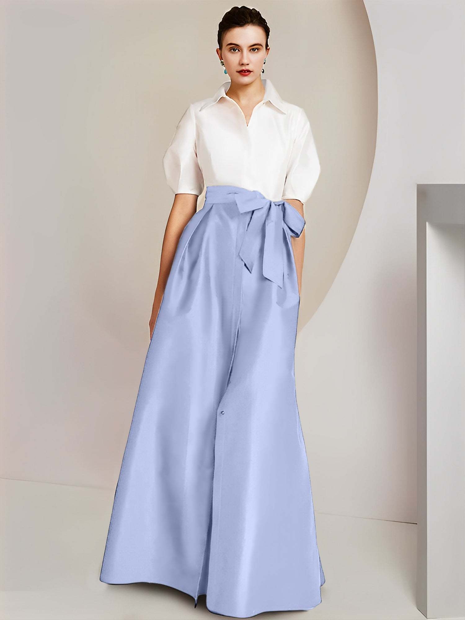 Princess A-Line Shirt Collar Floor-Length 2-Piece Mother of the Bride Dress with Bowknot Short Sleeves-BMbridal.UK