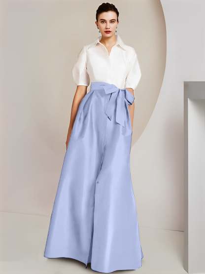 Princess A-Line Shirt Collar Floor-Length 2-Piece Mother of the Bride Dress with Bowknot Short Sleeves-BMbridal.UK