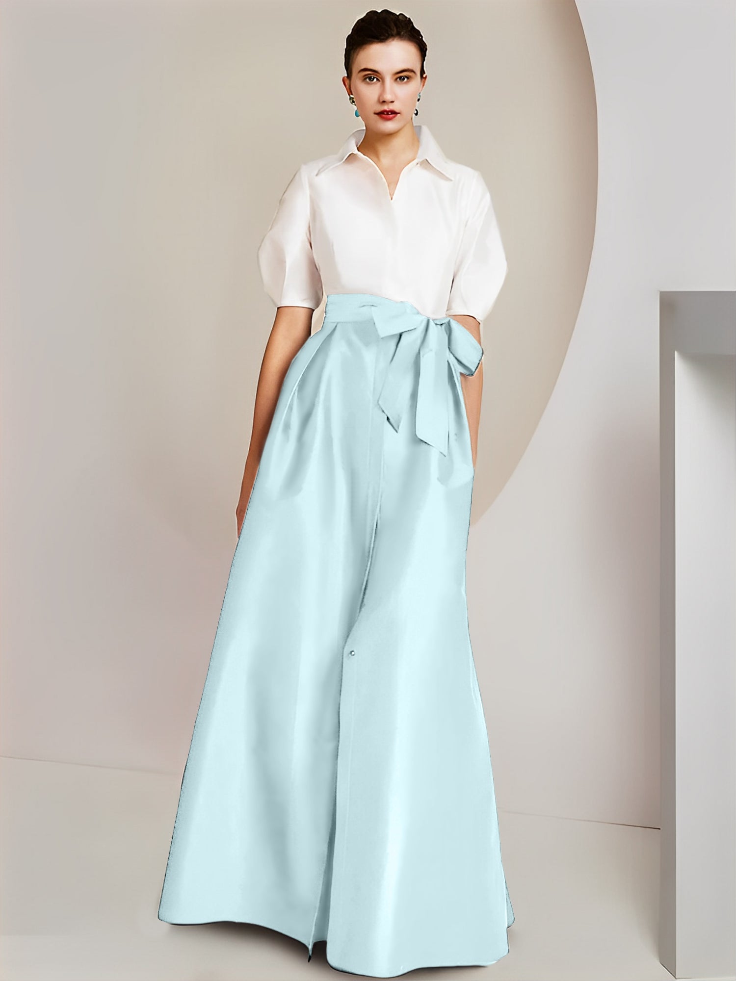 Princess A-Line Shirt Collar Floor-Length 2-Piece Mother of the Bride Dress with Bowknot Short Sleeves-BMbridal.UK