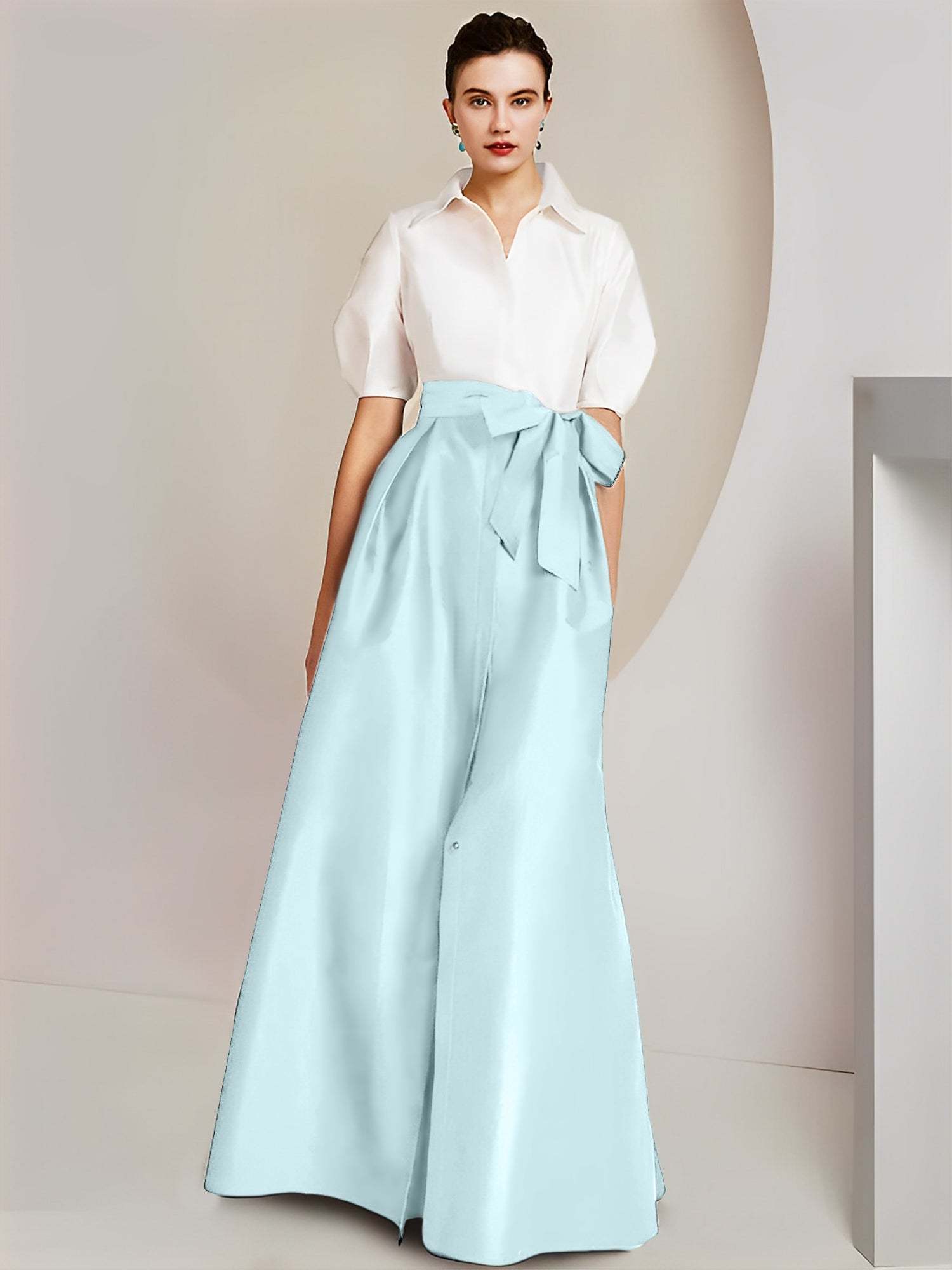 Princess A-Line Shirt Collar Floor-Length 2-Piece Mother of the Bride Dress with Bowknot Short Sleeves-BMbridal.UK