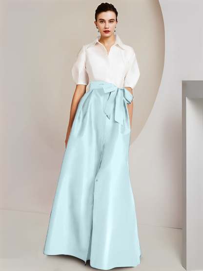 Princess A-Line Shirt Collar Floor-Length 2-Piece Mother of the Bride Dress with Bowknot Short Sleeves-BMbridal.UK