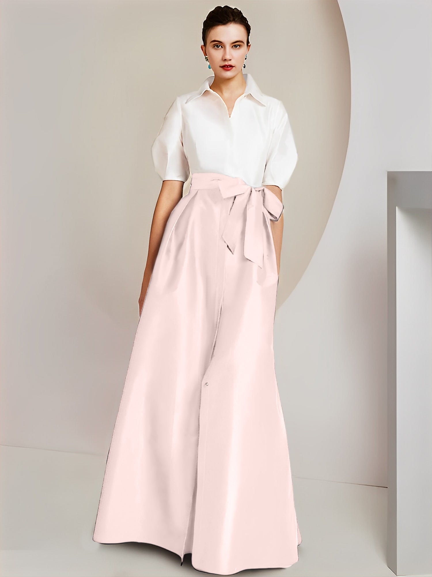 Princess A-Line Shirt Collar Floor-Length 2-Piece Mother of the Bride Dress with Bowknot Short Sleeves-BMbridal.UK