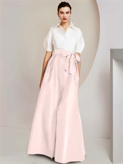 Princess A-Line Shirt Collar Floor-Length 2-Piece Mother of the Bride Dress with Bowknot Short Sleeves-BMbridal.UK