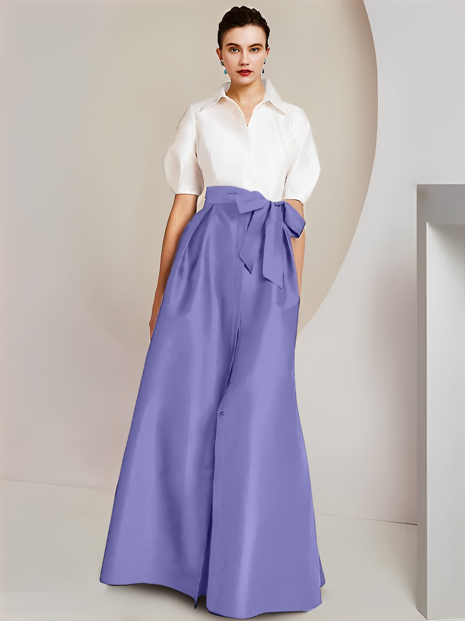 Princess A-Line Shirt Collar Floor-Length 2-Piece Mother of the Bride Dress with Bowknot Short Sleeves-BMbridal.UK