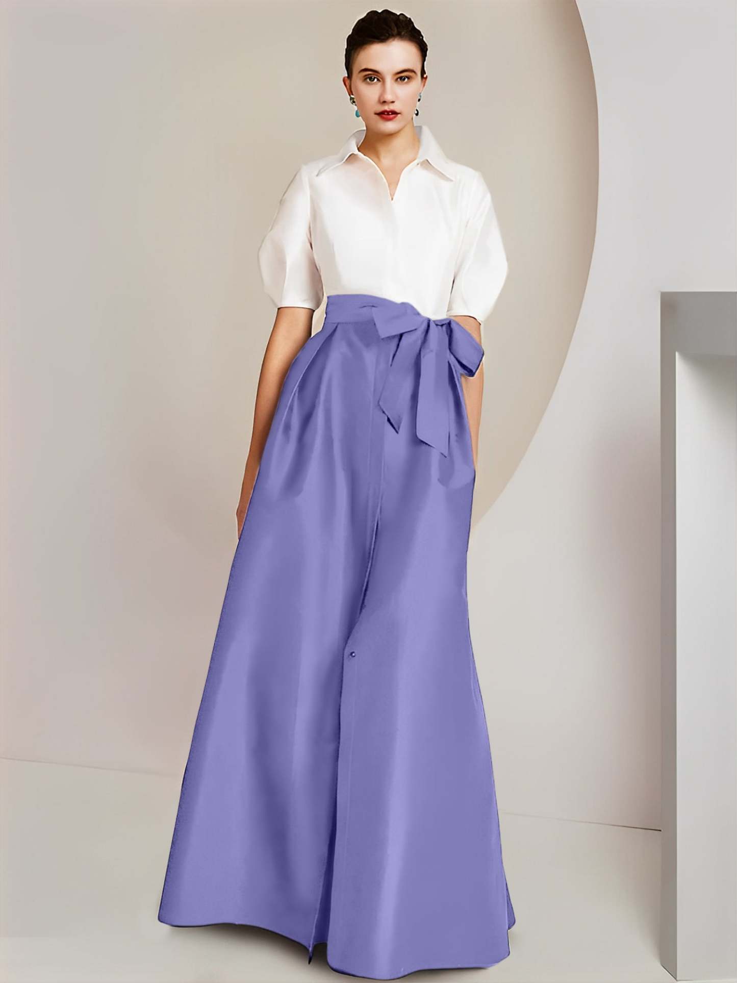 Princess A-Line Shirt Collar Floor-Length 2-Piece Mother of the Bride Dress with Bowknot Short Sleeves-BMbridal.UK