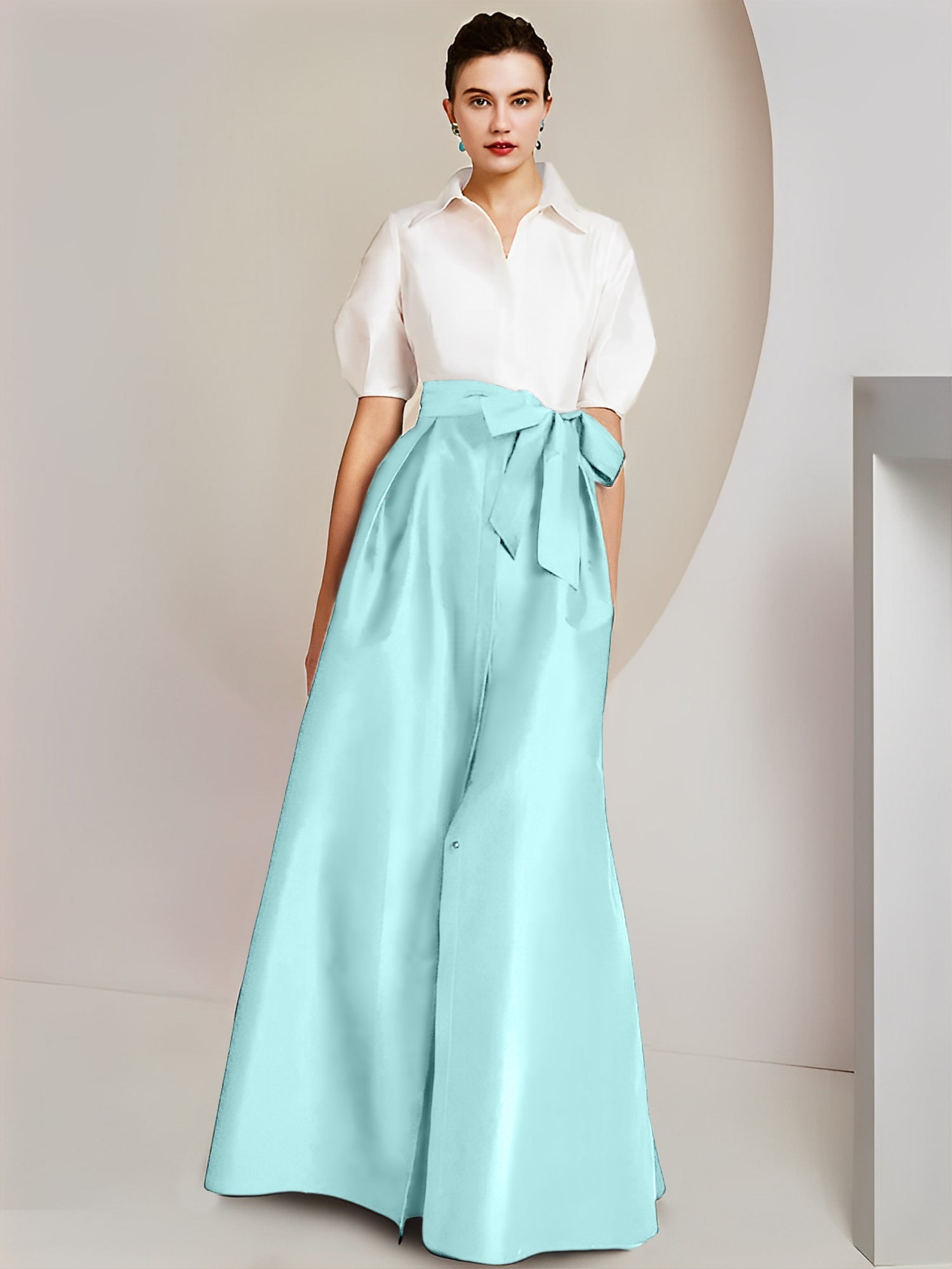 Princess A-Line Shirt Collar Floor-Length 2-Piece Mother of the Bride Dress with Bowknot Short Sleeves-BMbridal.UK