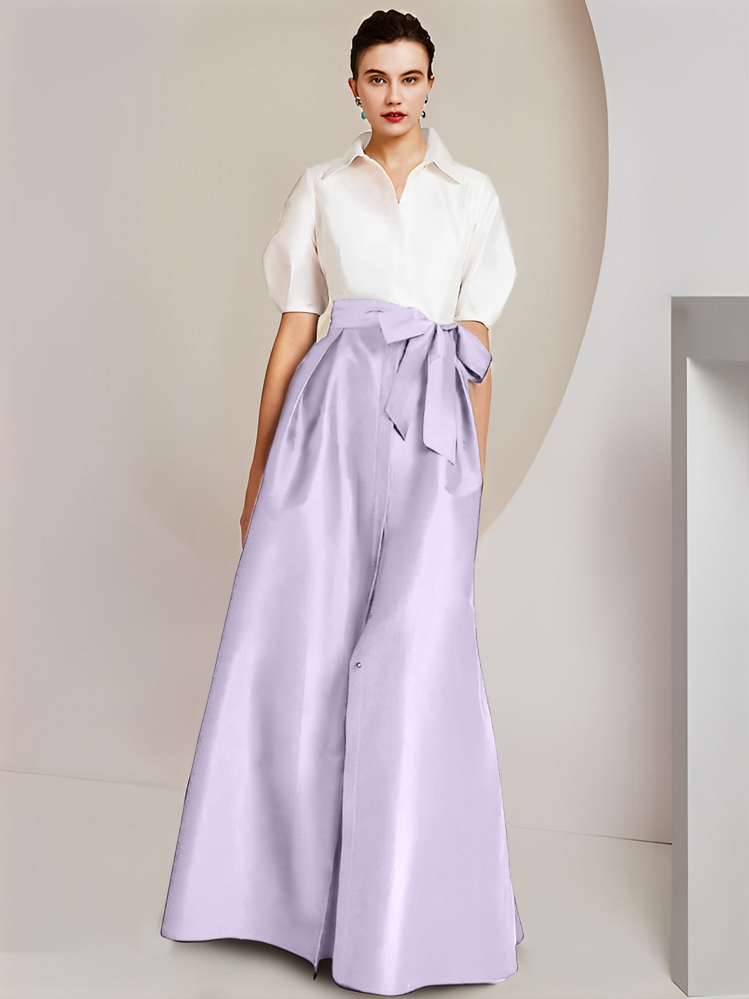 Princess A-Line Shirt Collar Floor-Length 2-Piece Mother of the Bride Dress with Bowknot Short Sleeves-BMbridal.UK