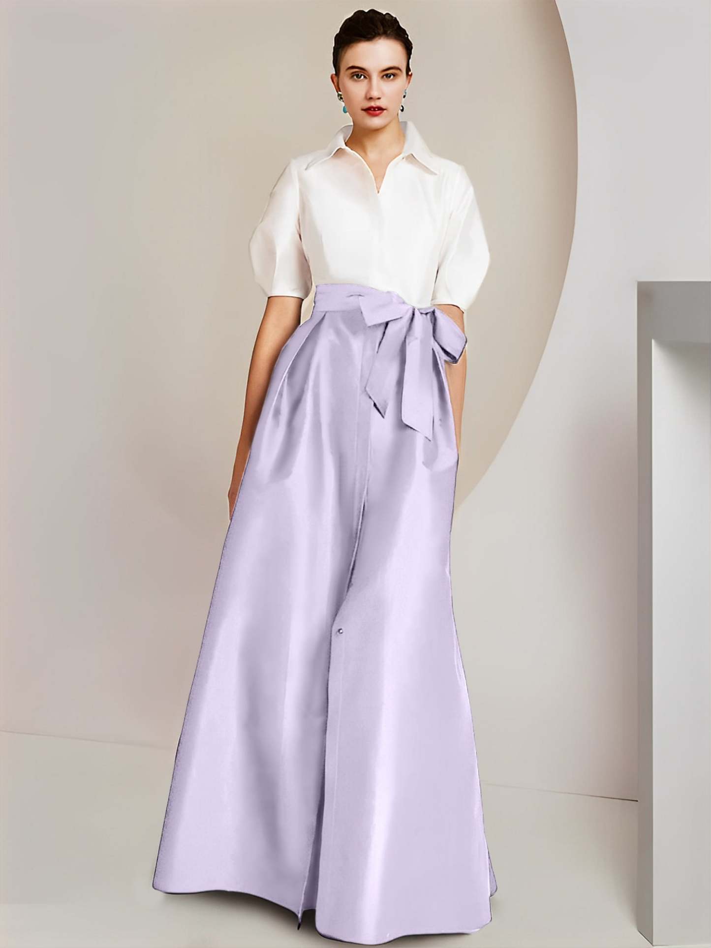 Princess A-Line Shirt Collar Floor-Length 2-Piece Mother of the Bride Dress with Bowknot Short Sleeves-BMbridal.UK
