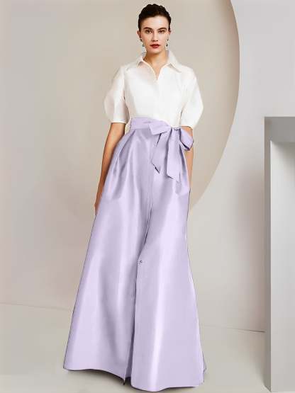 Princess A-Line Shirt Collar Floor-Length 2-Piece Mother of the Bride Dress with Bowknot Short Sleeves-BMbridal.UK