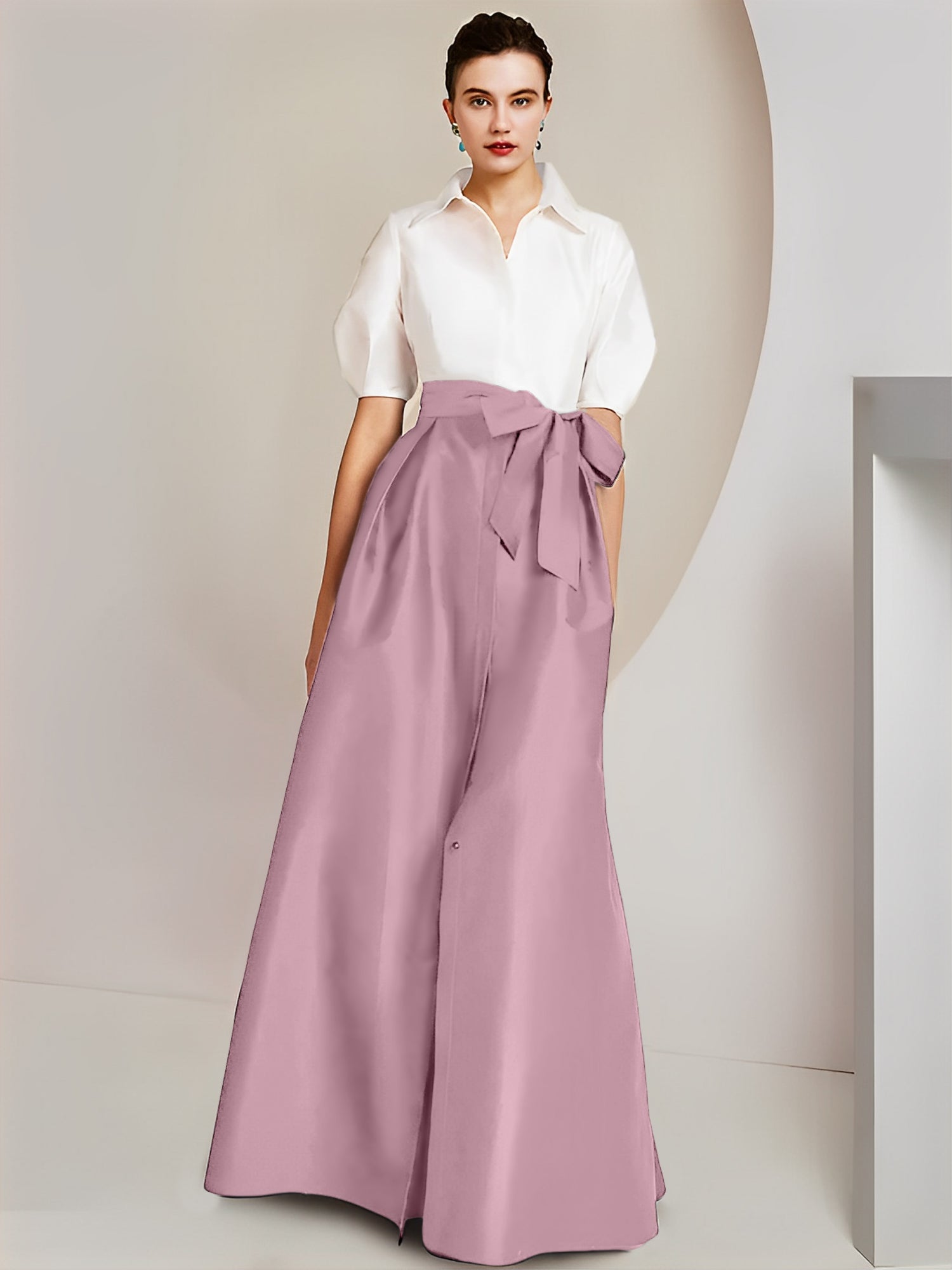 Princess A-Line Shirt Collar Floor-Length 2-Piece Mother of the Bride Dress with Bowknot Short Sleeves-BMbridal.UK