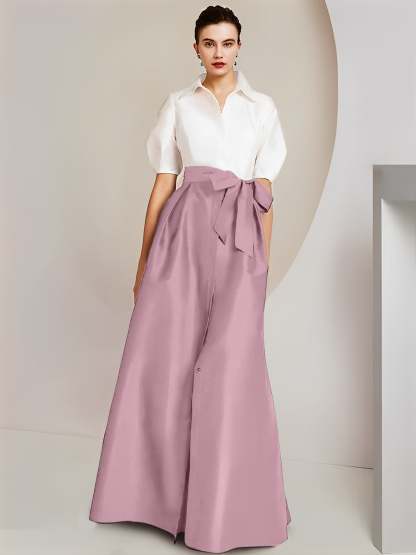 Princess A-Line Shirt Collar Floor-Length 2-Piece Mother of the Bride Dress with Bowknot Short Sleeves-BMbridal.UK