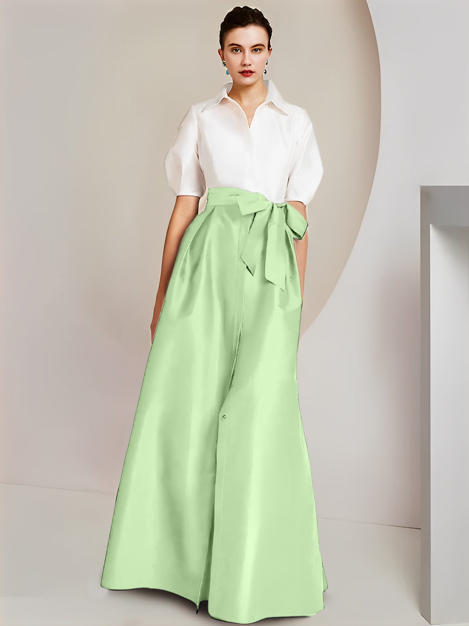 Princess A-Line Shirt Collar Floor-Length 2-Piece Mother of the Bride Dress with Bowknot Short Sleeves-BMbridal.UK