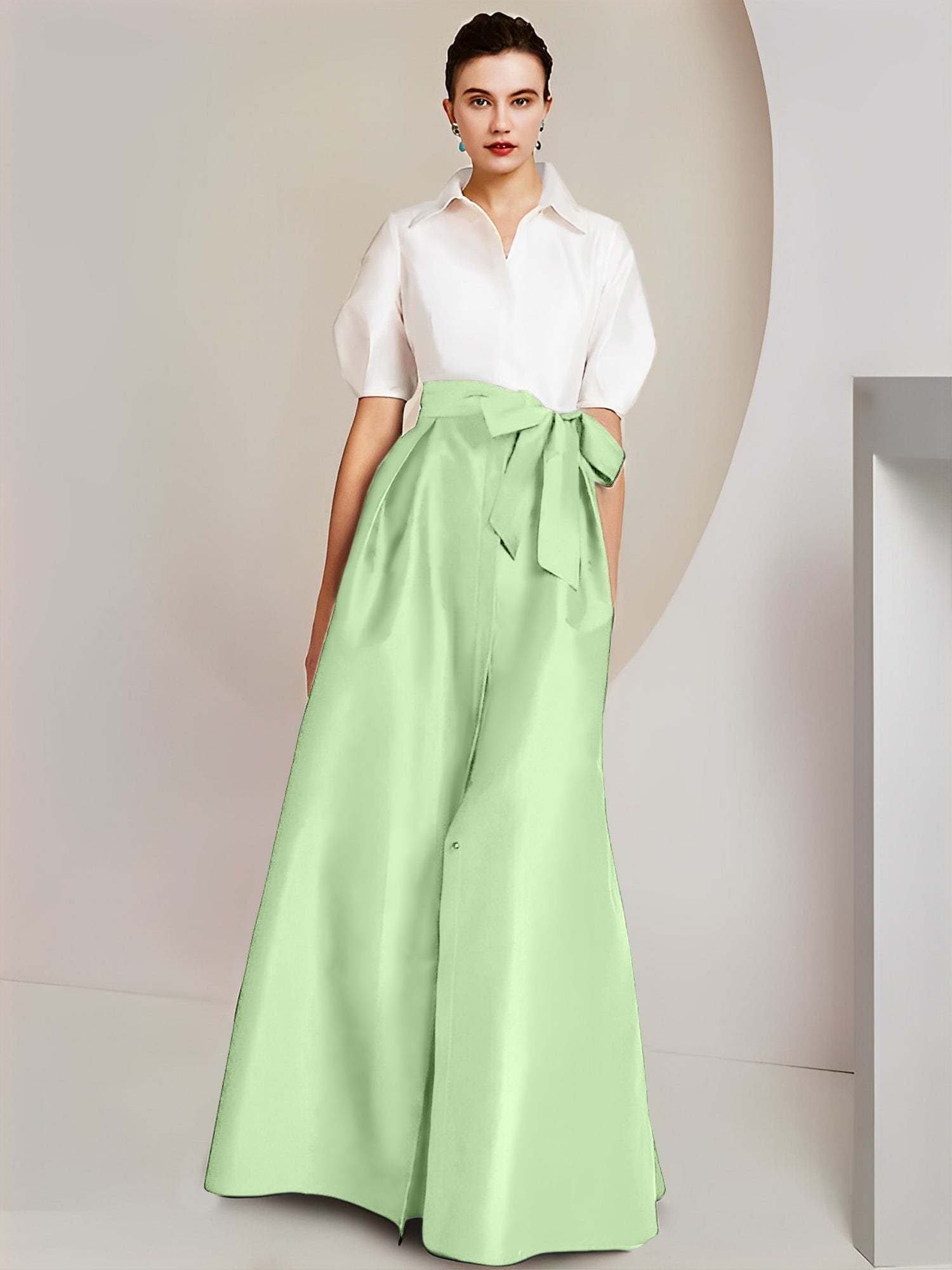 Princess A-Line Shirt Collar Floor-Length 2-Piece Mother of the Bride Dress with Bowknot Short Sleeves-BMbridal.UK