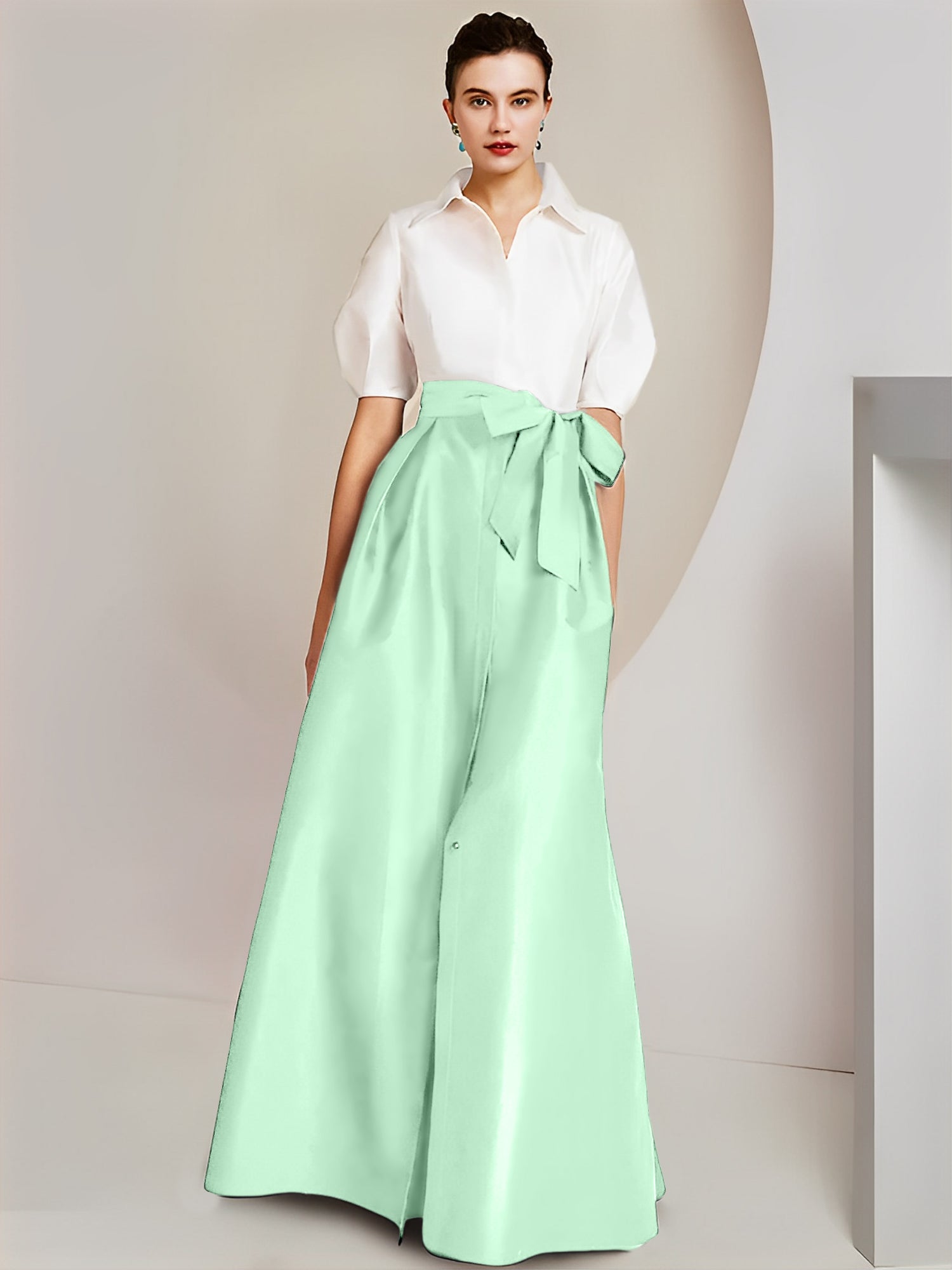 Princess A-Line Shirt Collar Floor-Length 2-Piece Mother of the Bride Dress with Bowknot Short Sleeves-BMbridal.UK