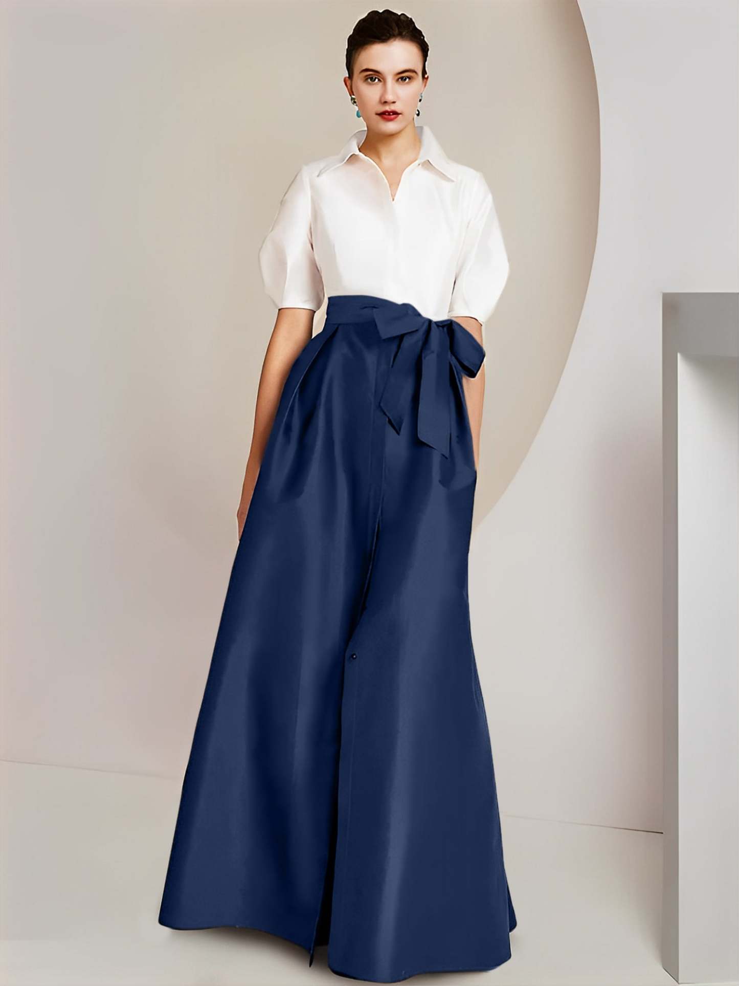 Princess A-Line Shirt Collar Floor-Length 2-Piece Mother of the Bride Dress with Bowknot Short Sleeves-BMbridal.UK
