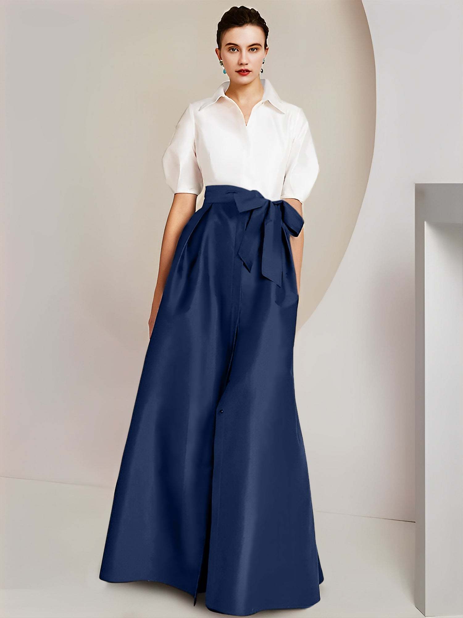Princess A-Line Shirt Collar Floor-Length 2-Piece Mother of the Bride Dress with Bowknot Short Sleeves-BMbridal.UK