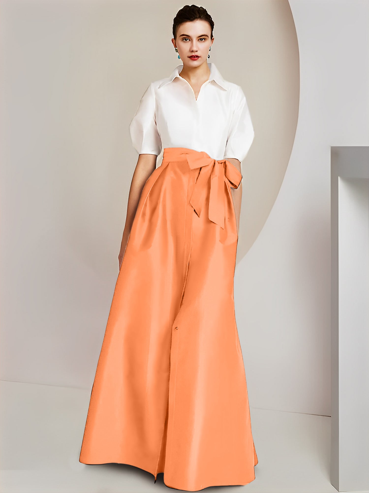 Princess A-Line Shirt Collar Floor-Length 2-Piece Mother of the Bride Dress with Bowknot Short Sleeves-BMbridal.UK