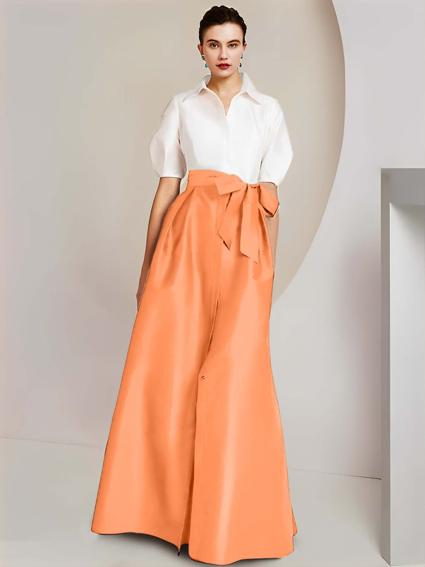 Princess A-Line Shirt Collar Floor-Length 2-Piece Mother of the Bride Dress with Bowknot Short Sleeves-BMbridal.UK