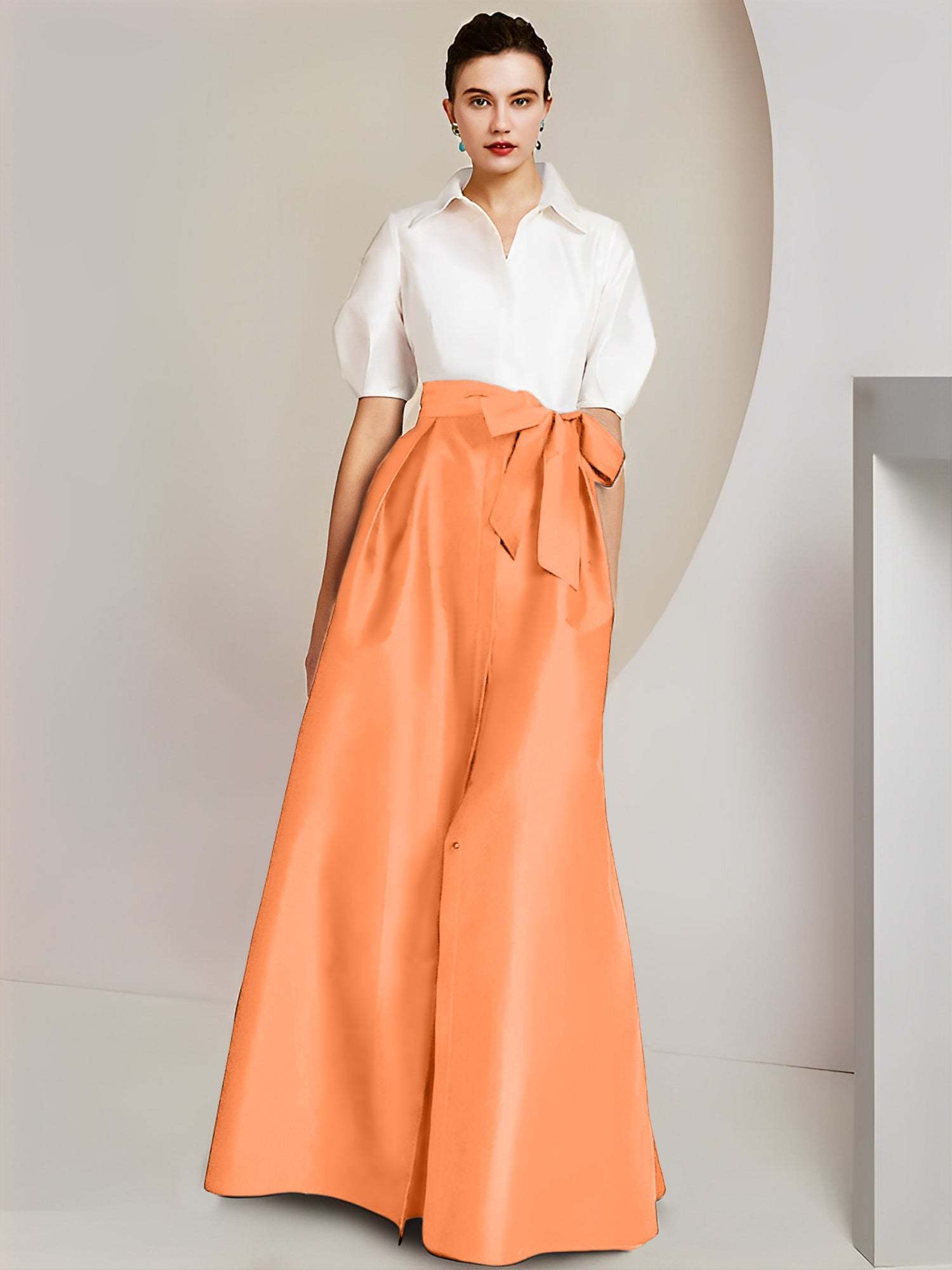 Princess A-Line Shirt Collar Floor-Length 2-Piece Mother of the Bride Dress with Bowknot Short Sleeves-BMbridal.UK