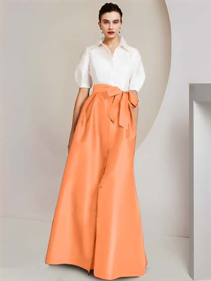 Princess A-Line Shirt Collar Floor-Length 2-Piece Mother of the Bride Dress with Bowknot Short Sleeves-BMbridal.UK