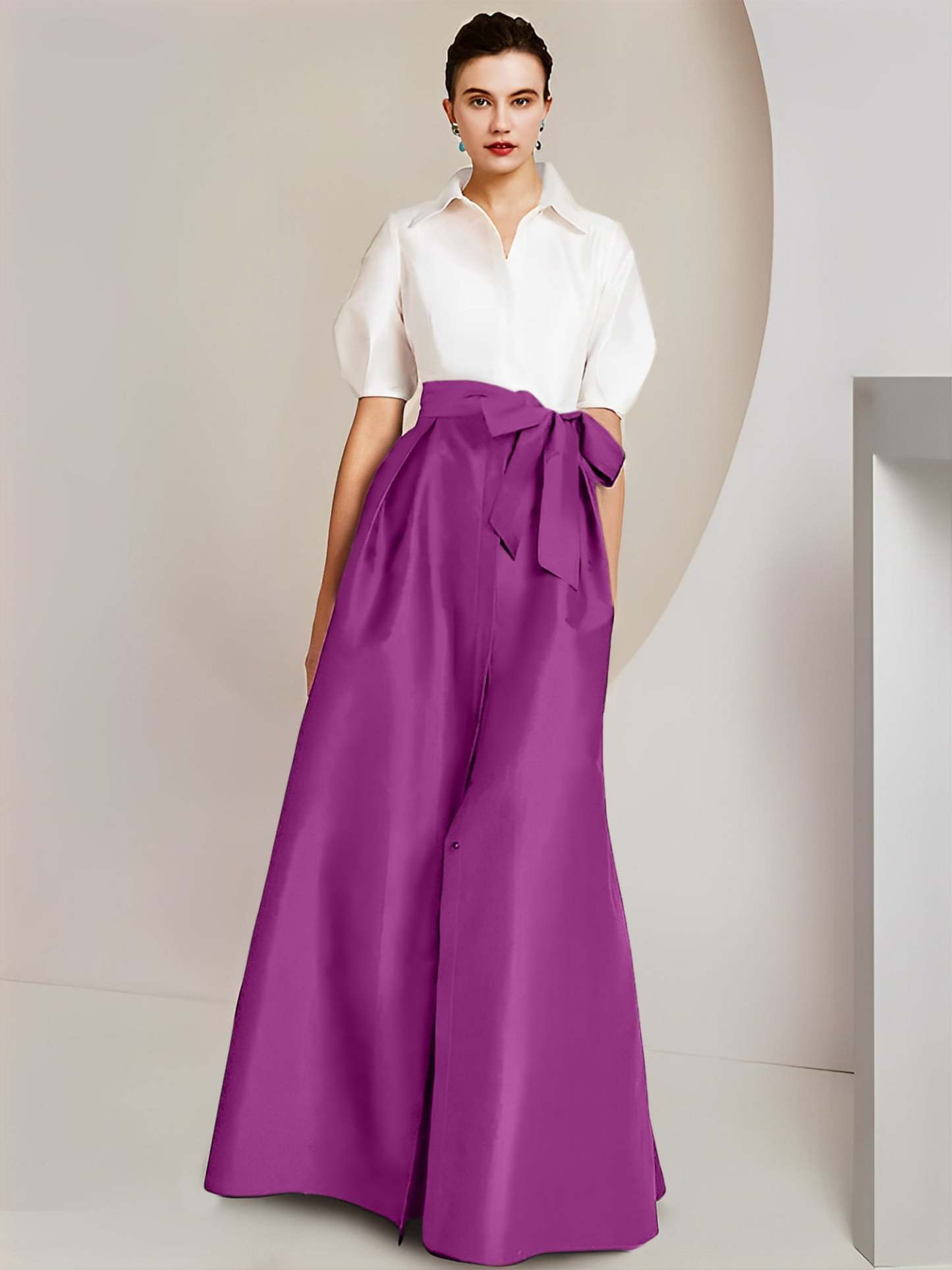 Princess A-Line Shirt Collar Floor-Length 2-Piece Mother of the Bride Dress with Bowknot Short Sleeves-BMbridal.UK