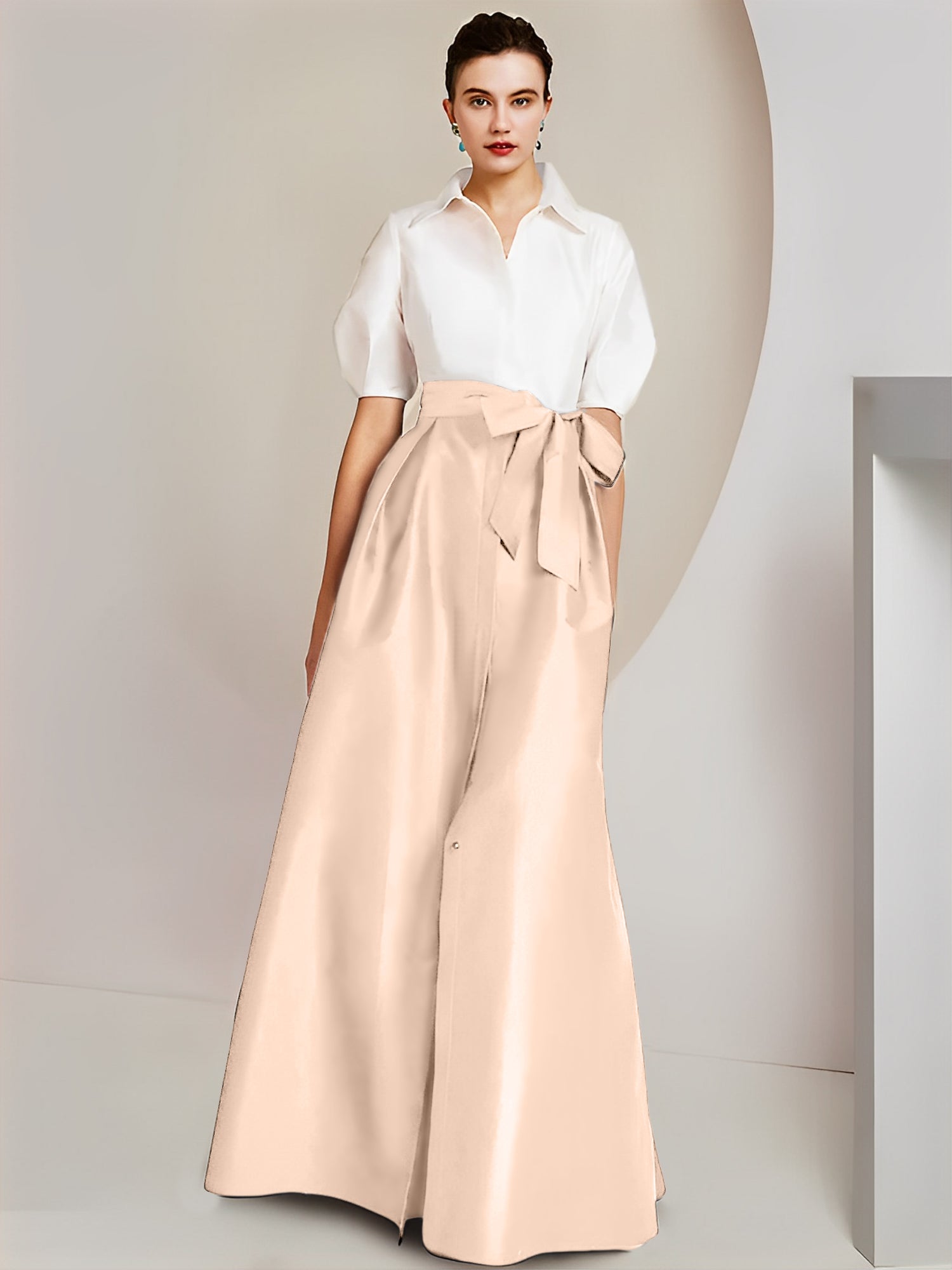 Princess A-Line Shirt Collar Floor-Length 2-Piece Mother of the Bride Dress with Bowknot Short Sleeves-BMbridal.UK