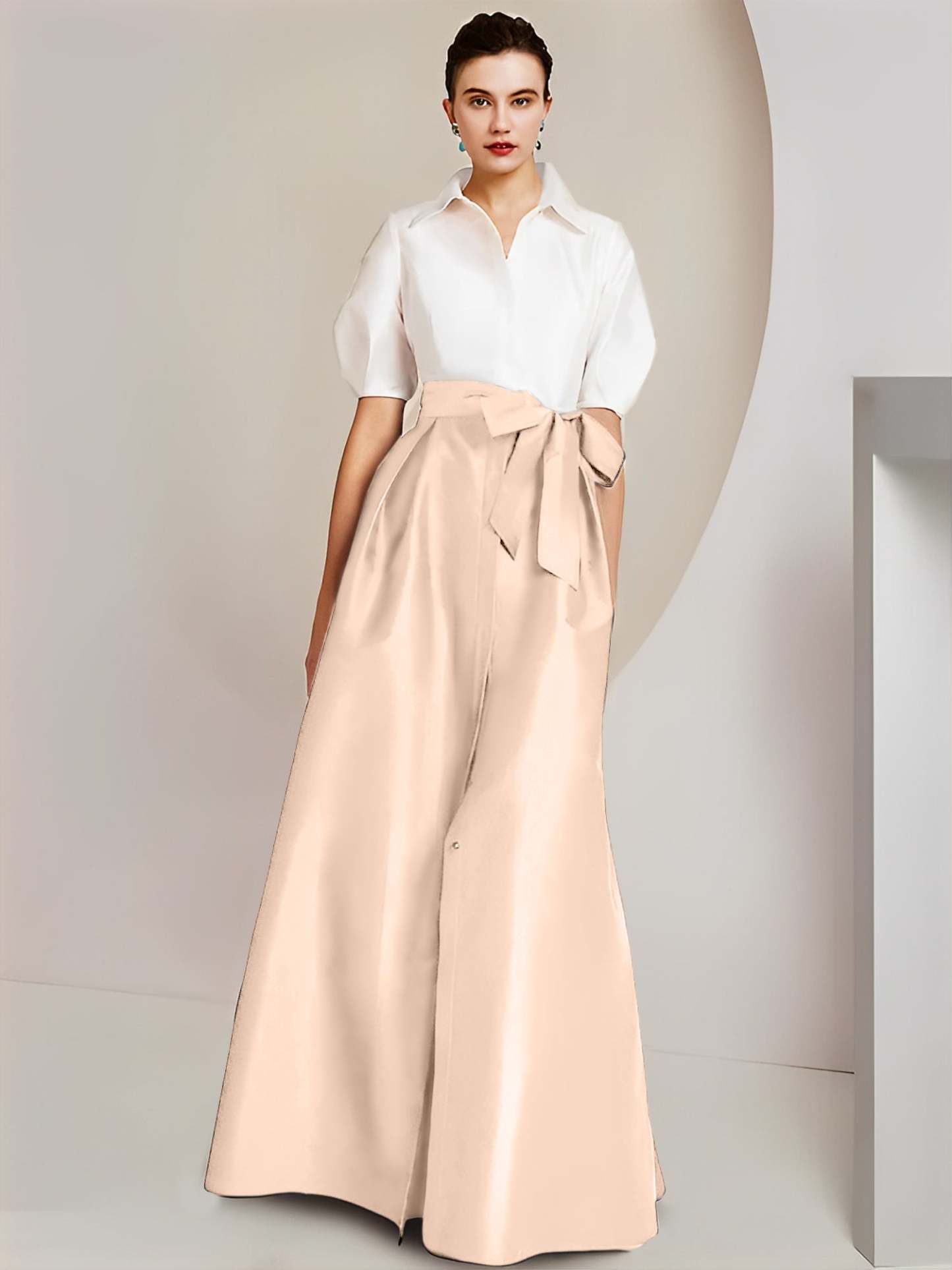 Princess A-Line Shirt Collar Floor-Length 2-Piece Mother of the Bride Dress with Bowknot Short Sleeves-BMbridal.UK