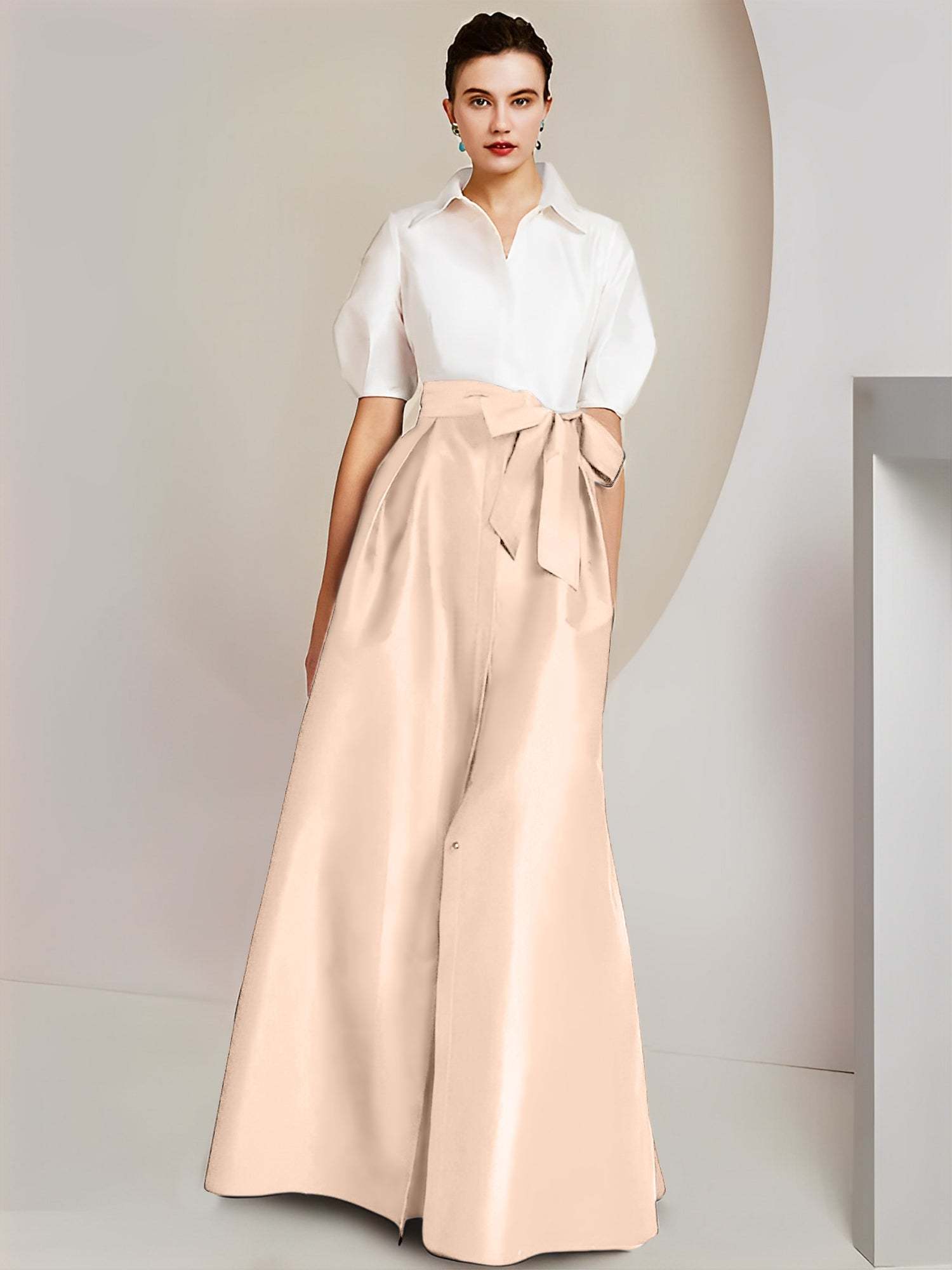 Princess A-Line Shirt Collar Floor-Length 2-Piece Mother of the Bride Dress with Bowknot Short Sleeves-BMbridal.UK