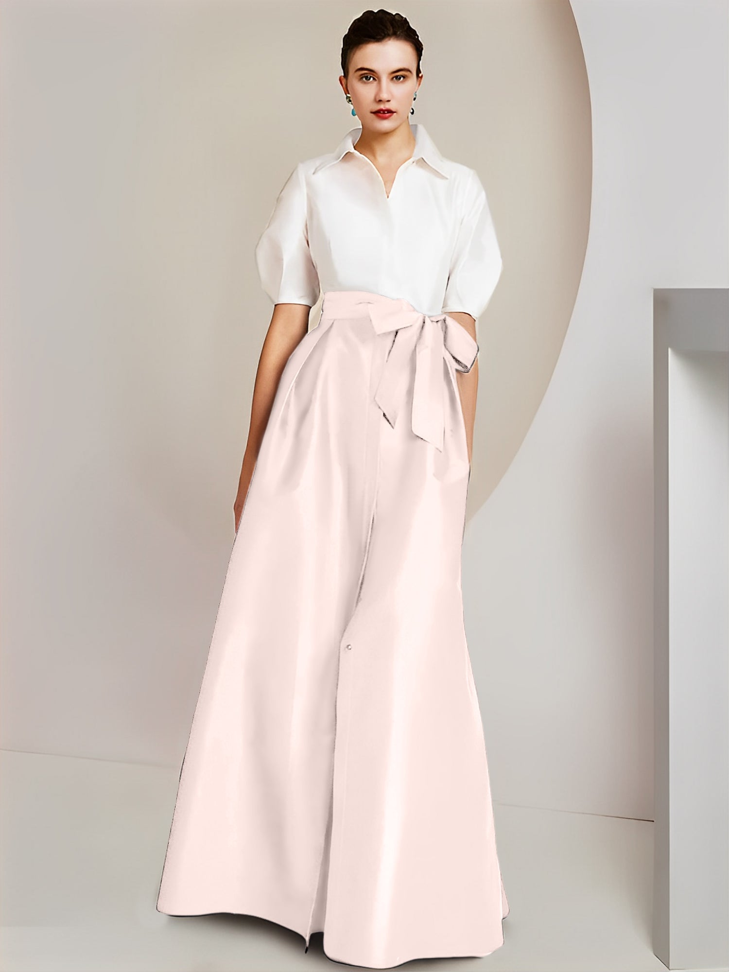 Princess A-Line Shirt Collar Floor-Length 2-Piece Mother of the Bride Dress with Bowknot Short Sleeves-BMbridal.UK