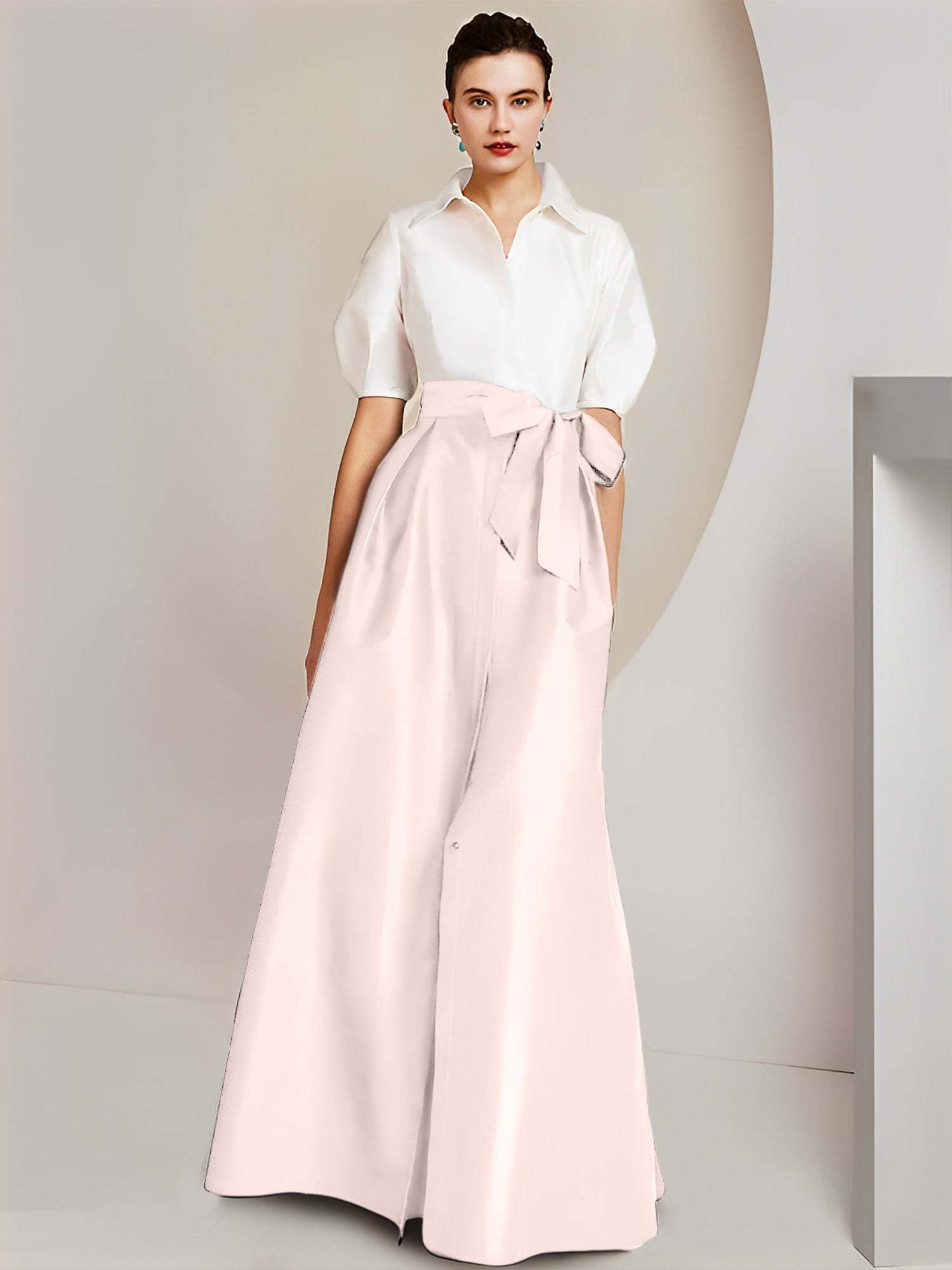 Princess A-Line Shirt Collar Floor-Length 2-Piece Mother of the Bride Dress with Bowknot Short Sleeves-BMbridal.UK