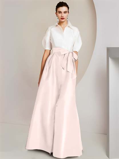 Princess A-Line Shirt Collar Floor-Length 2-Piece Mother of the Bride Dress with Bowknot Short Sleeves-BMbridal.UK